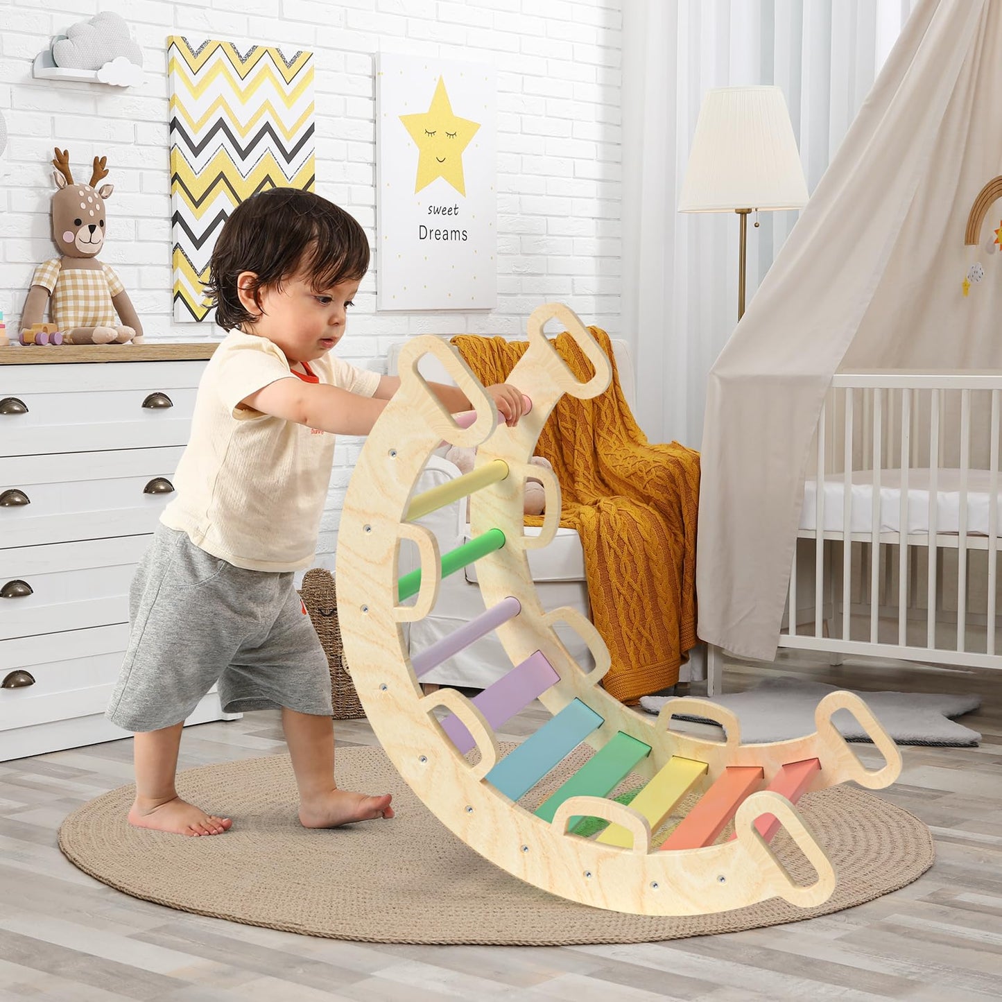 BlueWood Aurora Rainbow Wooden Climbing Arch for Toddlers – Indoor Playset