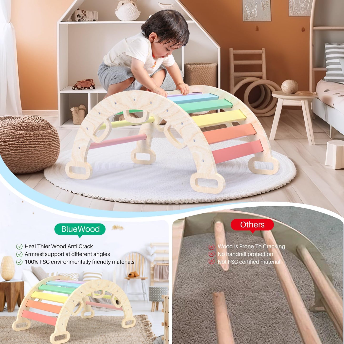 BlueWood Aurora Rainbow Wooden Climbing Arch for Toddlers – Indoor Playset