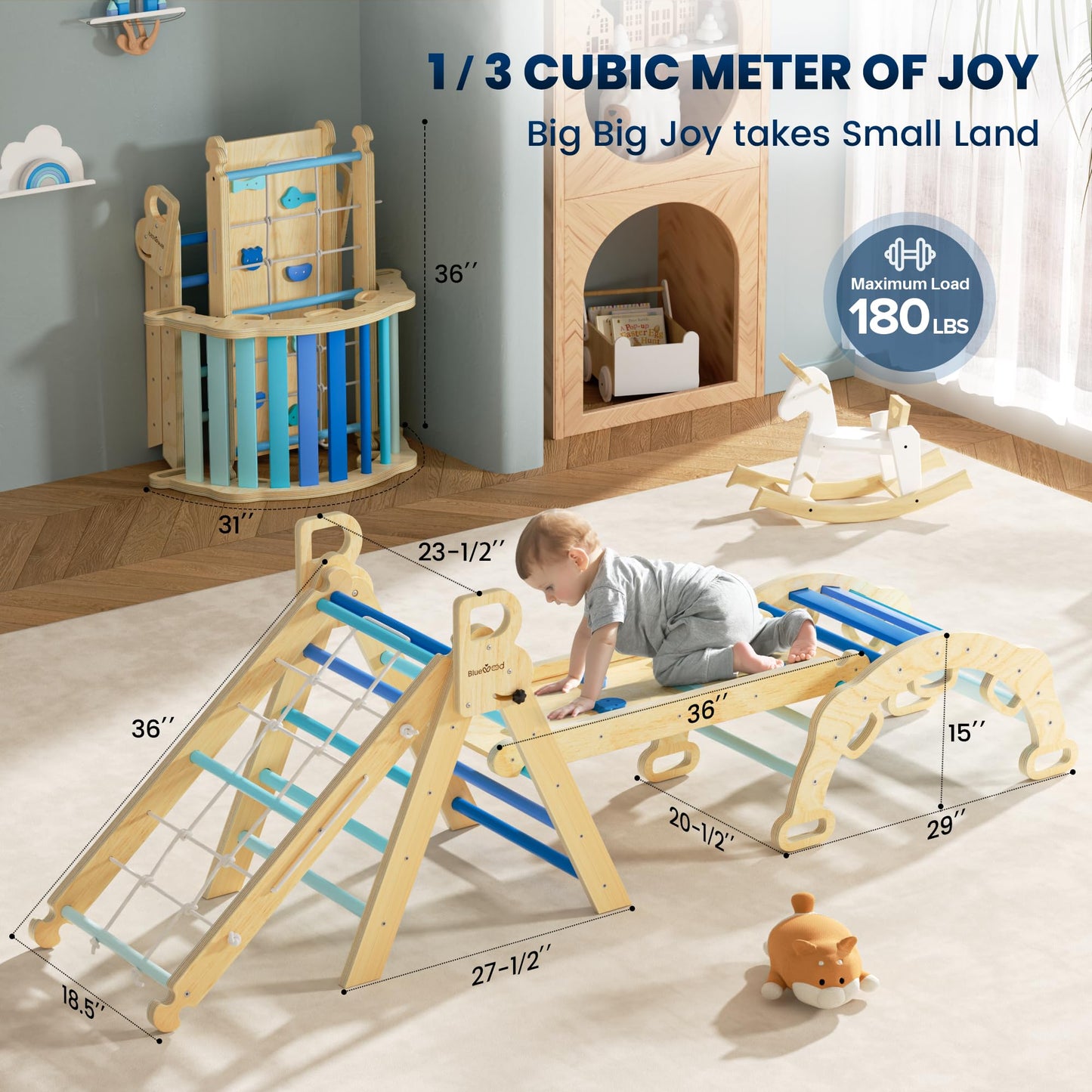 BlueWood 2025 8-in-1 Pikler Triangle Climbing Set | Sky Blue Indoor Toddler Gym