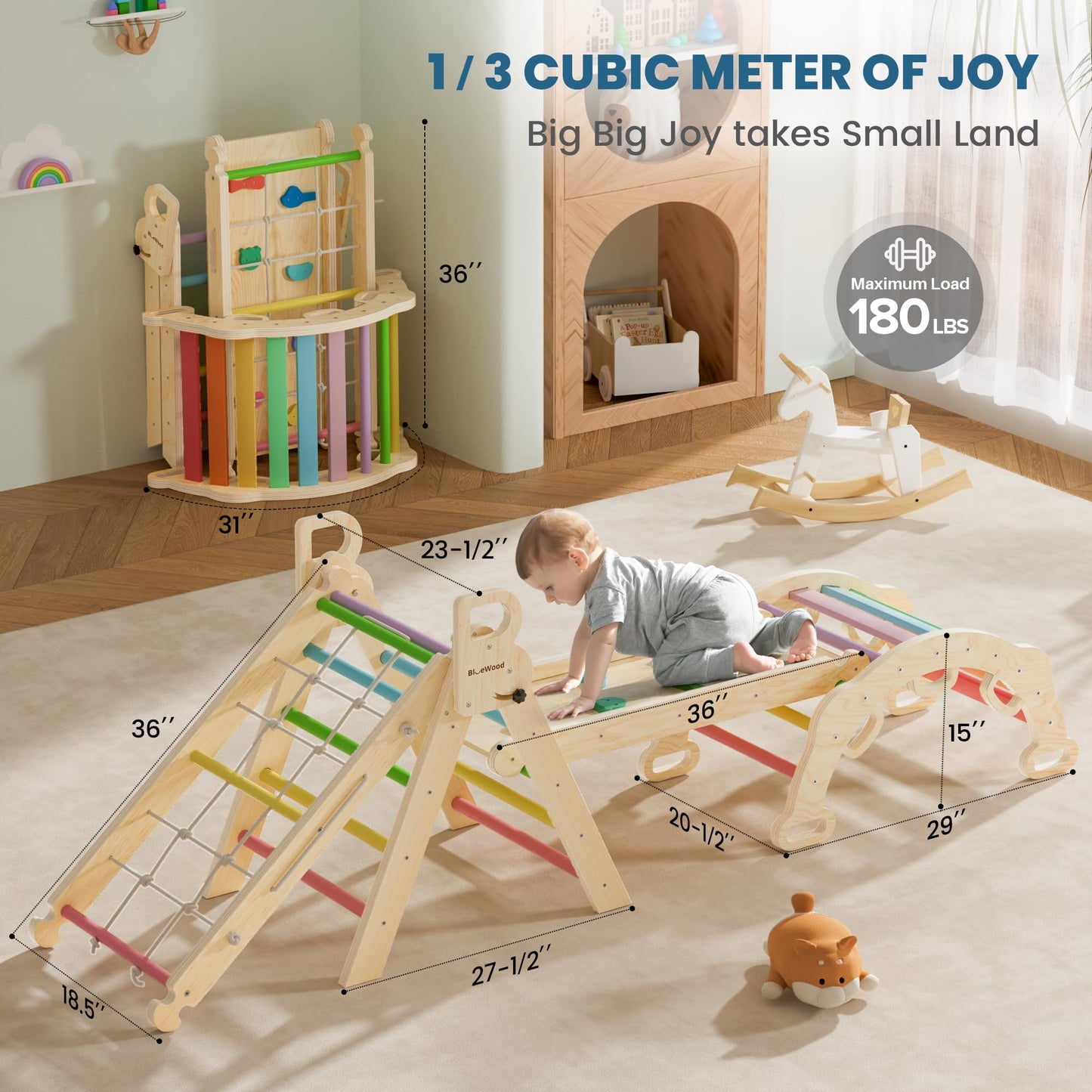 BlueWood 8-in-1 Pikler Triangle Climbing Set - Rainbow | Indoor Toddler Playground