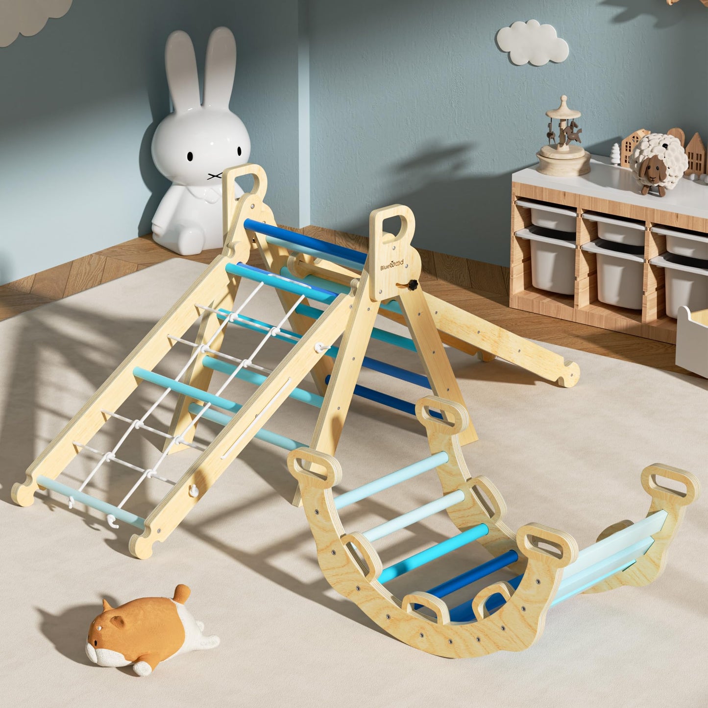 BlueWood 2025 8-in-1 Pikler Triangle Climbing Set | Sky Blue Indoor Toddler Gym