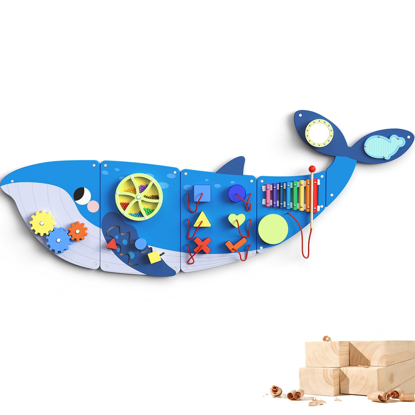 BlueWood Wooden Wall Busy Board Panels – Whale Edition for Toddler Learning & Montessori Play