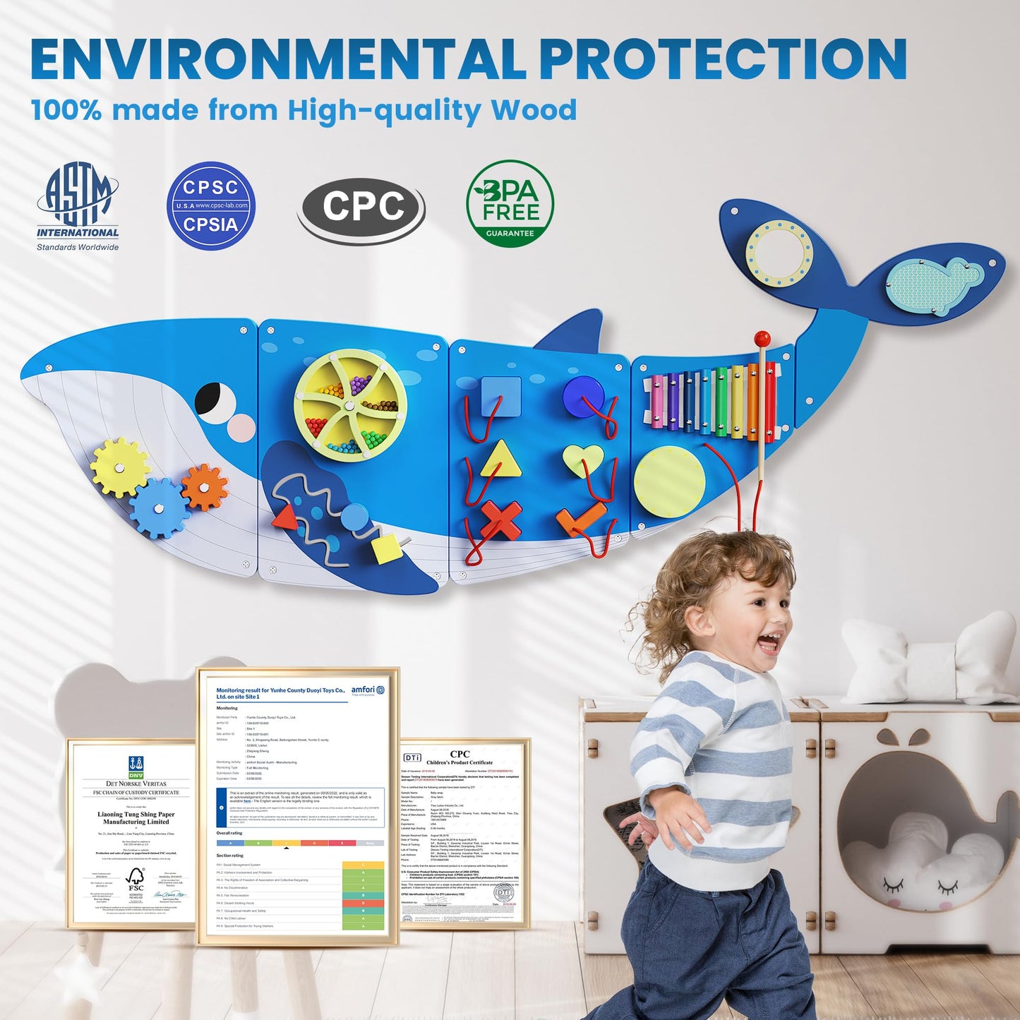 BlueWood Wooden Wall Busy Board Panels – Whale Edition for Toddler Learning & Montessori Play