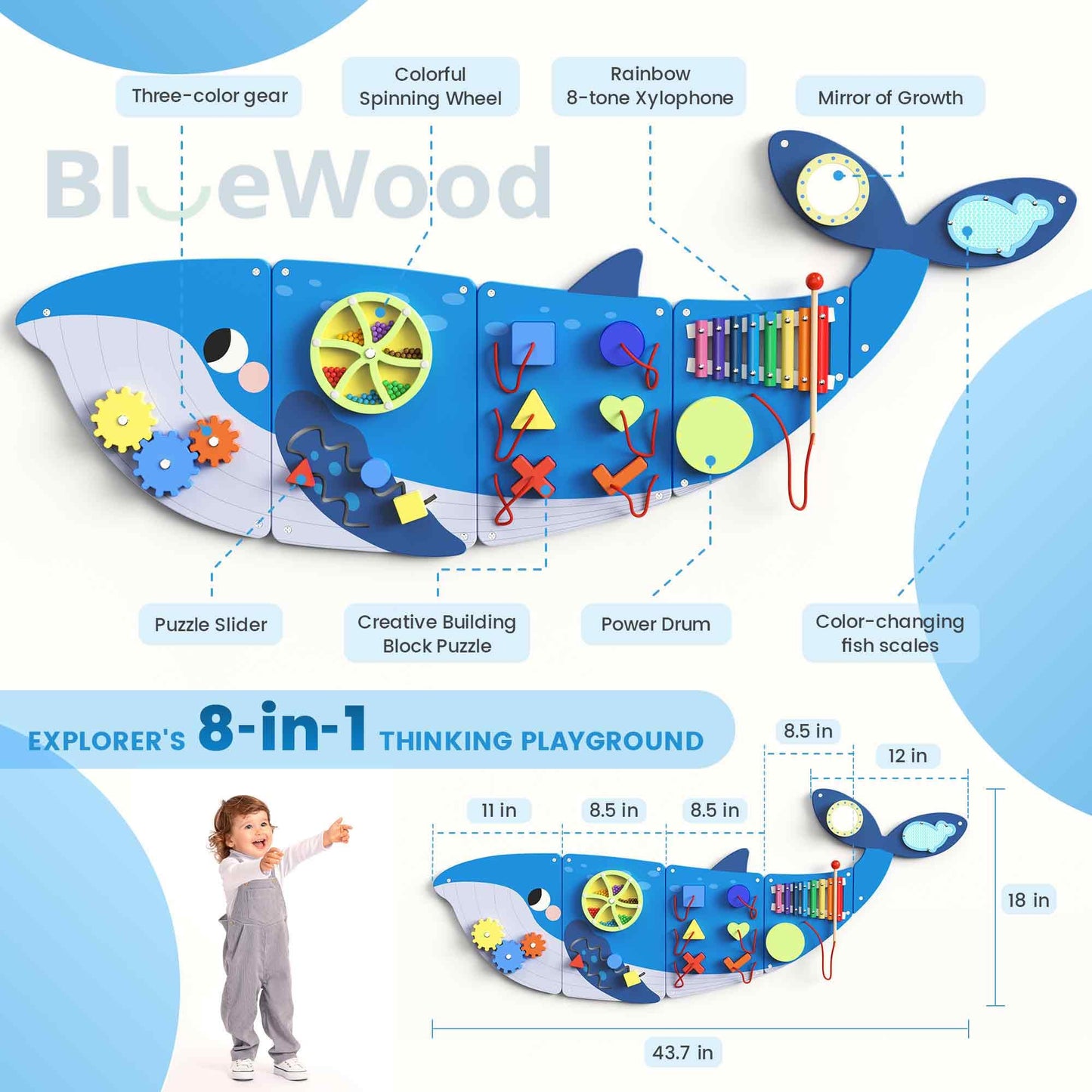 BlueWood Wooden Wall Busy Board Panels – Whale Edition for Toddler Learning & Montessori Play
