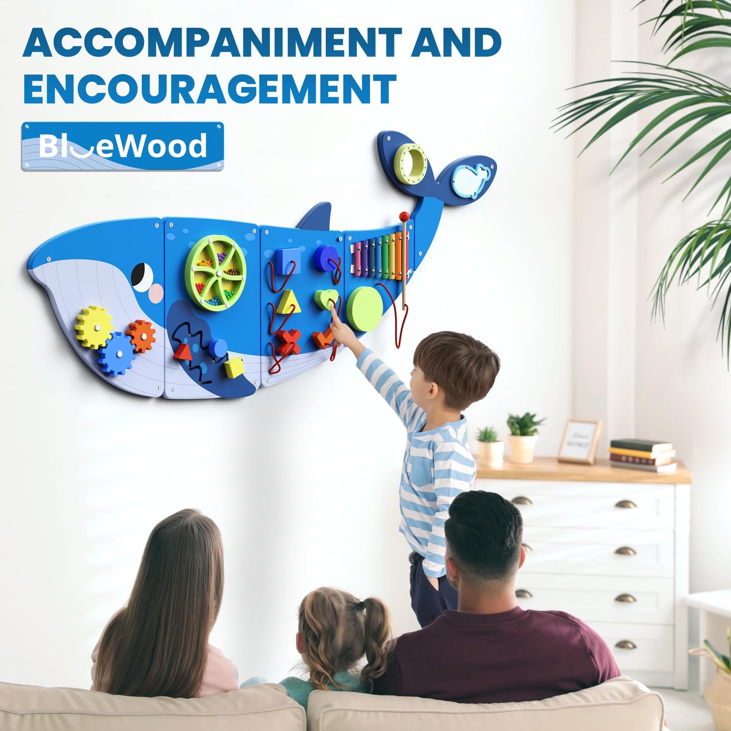BlueWood Wooden Wall Busy Board Panels – Whale Edition for Toddler Learning & Montessori Play