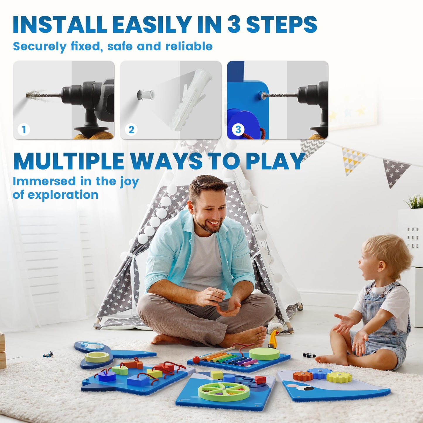 BlueWood Wooden Wall Busy Board Panels – Whale Edition for Toddler Learning & Montessori Play