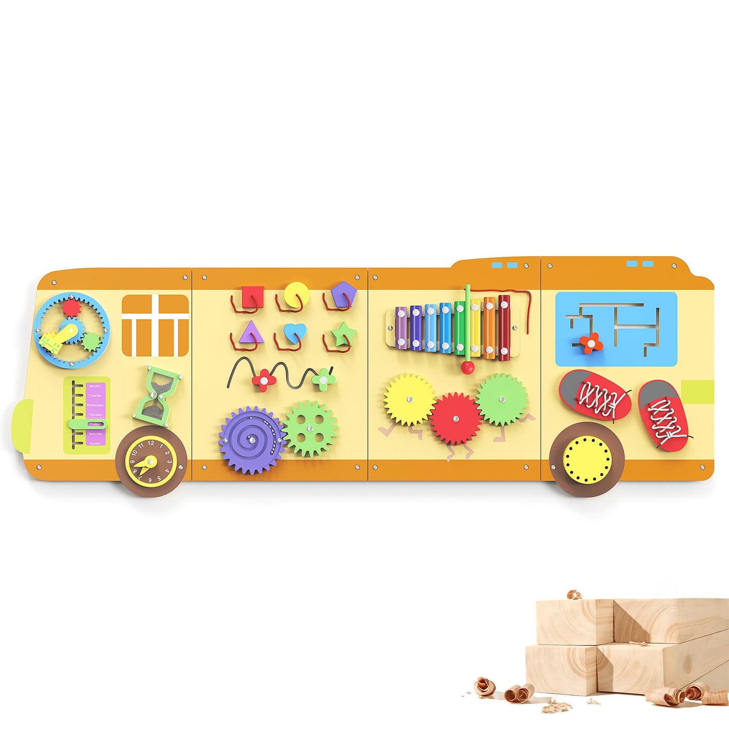 BlueWood Wooden Wall Busy Board Panels – Toddler Learning Center, Montessori Sensory Toy (School Bus)