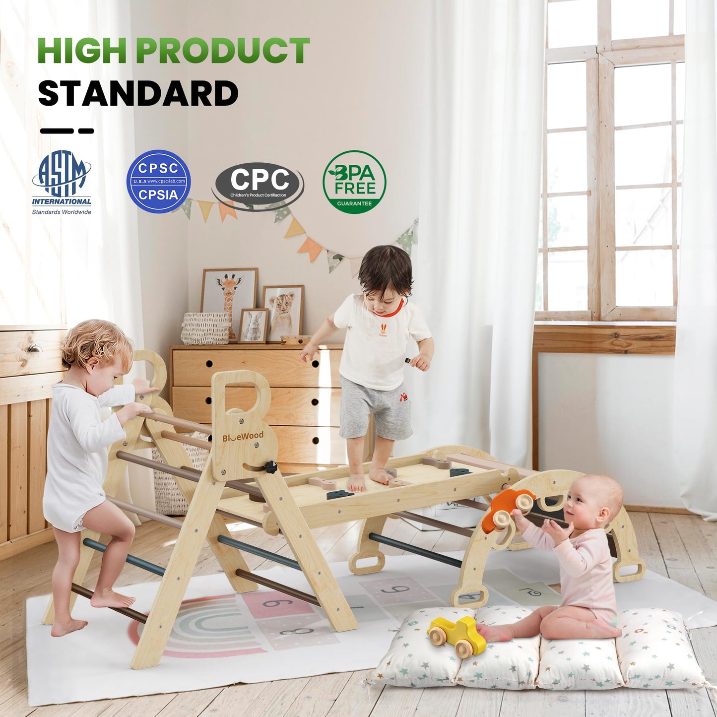 BlueWood Pikler Triangle Set with Cushion – 9-in-1 Montessori Climbing Toy for Toddlers (Pink)