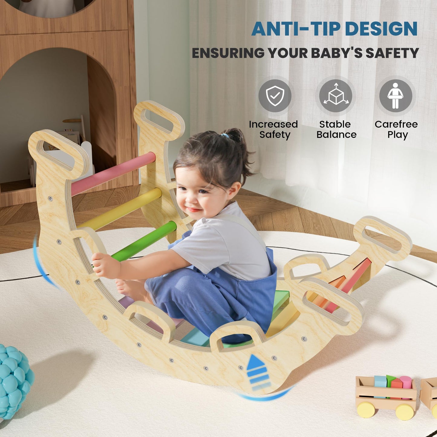 BlueWood 8-in-1 Pikler Triangle Climbing Set - Rainbow | Indoor Toddler Playground