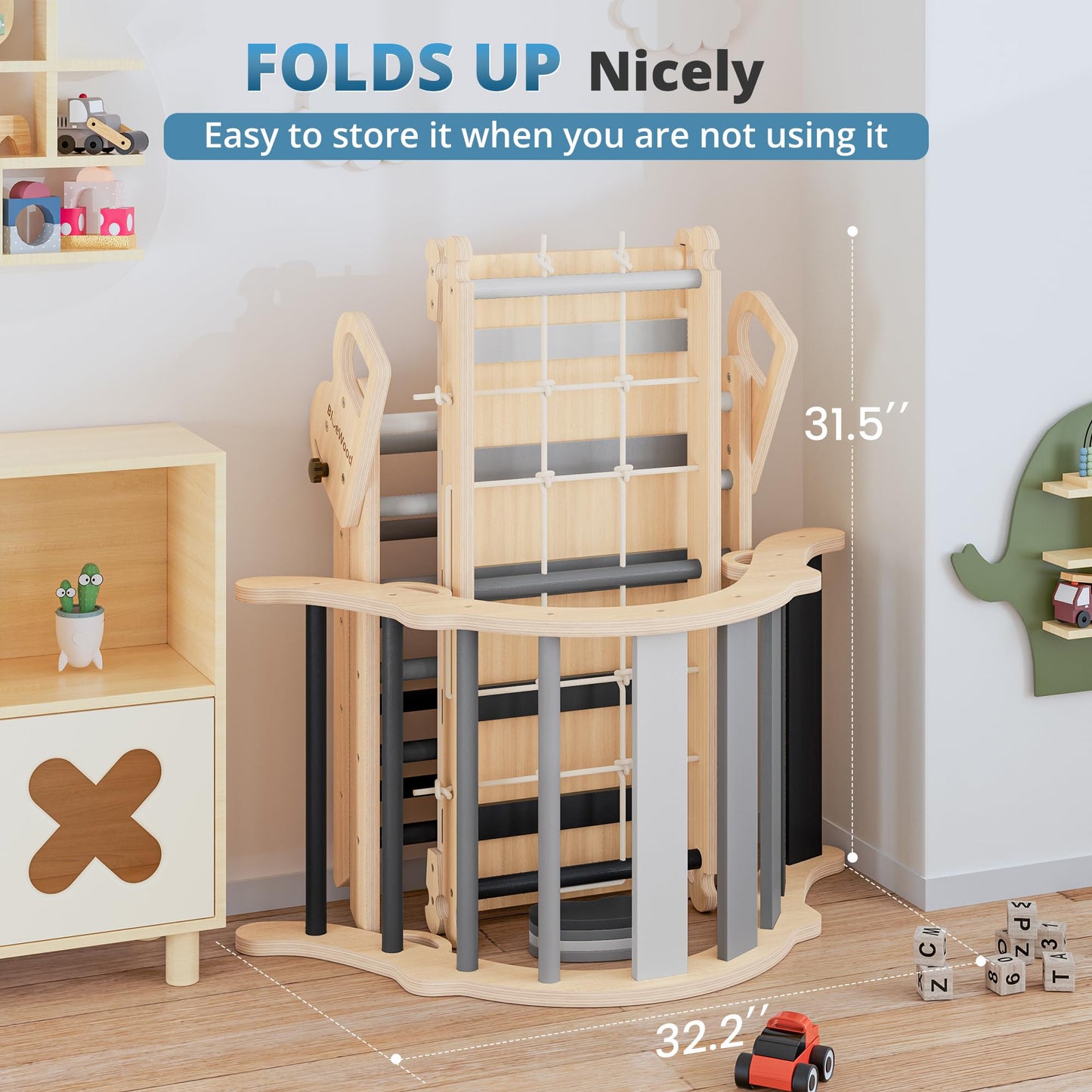 BlueWood 10-in-1 Pikler Triangle Set – Montessori Toddler Climber (Grey Twilight)