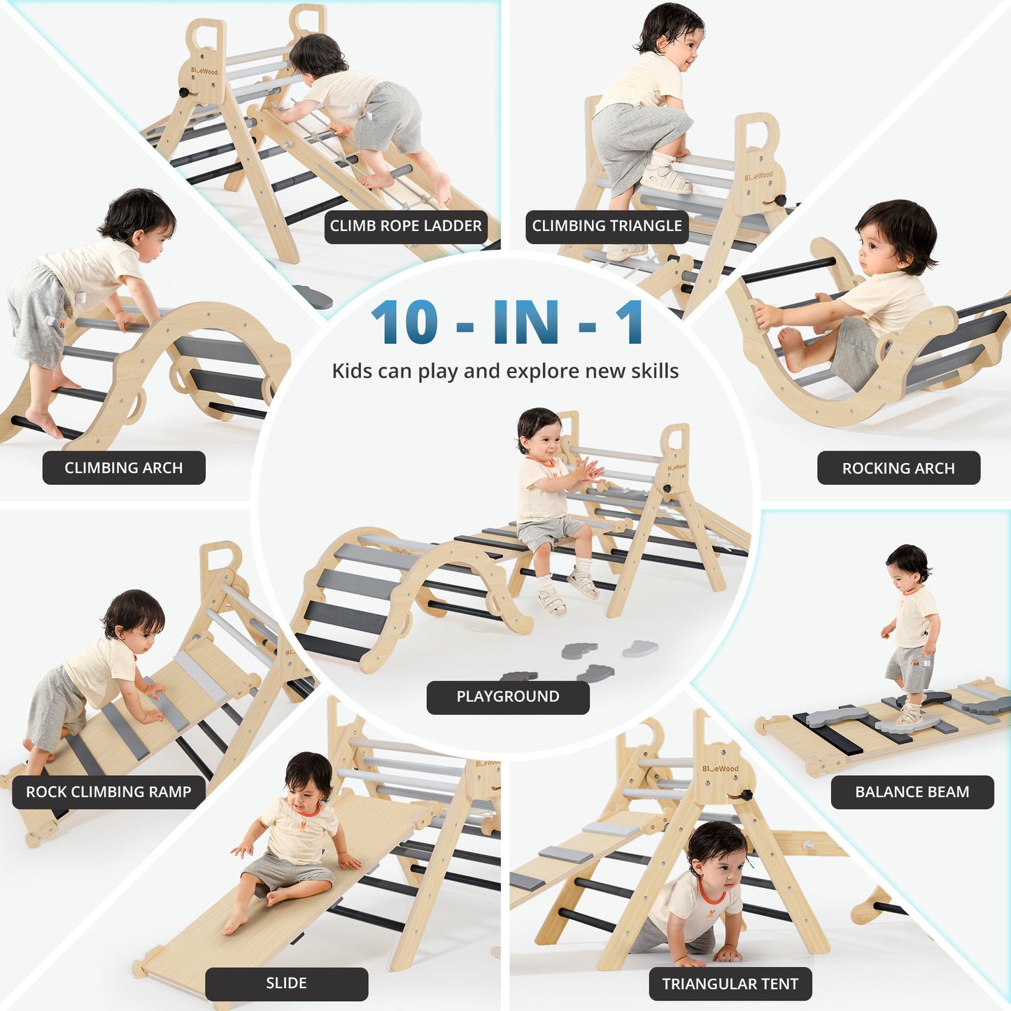 BlueWood 10-in-1 Pikler Triangle Set – Montessori Toddler Climber (Grey Twilight)