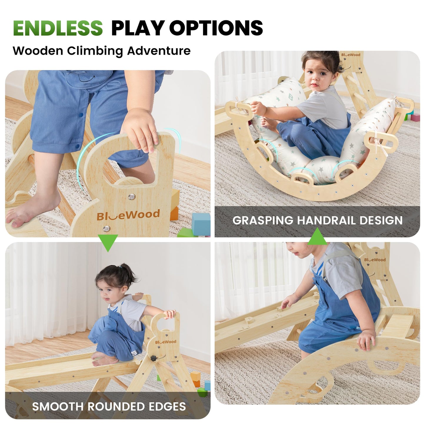 BlueWood Pikler Triangle Set with Cushion – 9-in-1 Montessori Climbing Toy for Toddlers