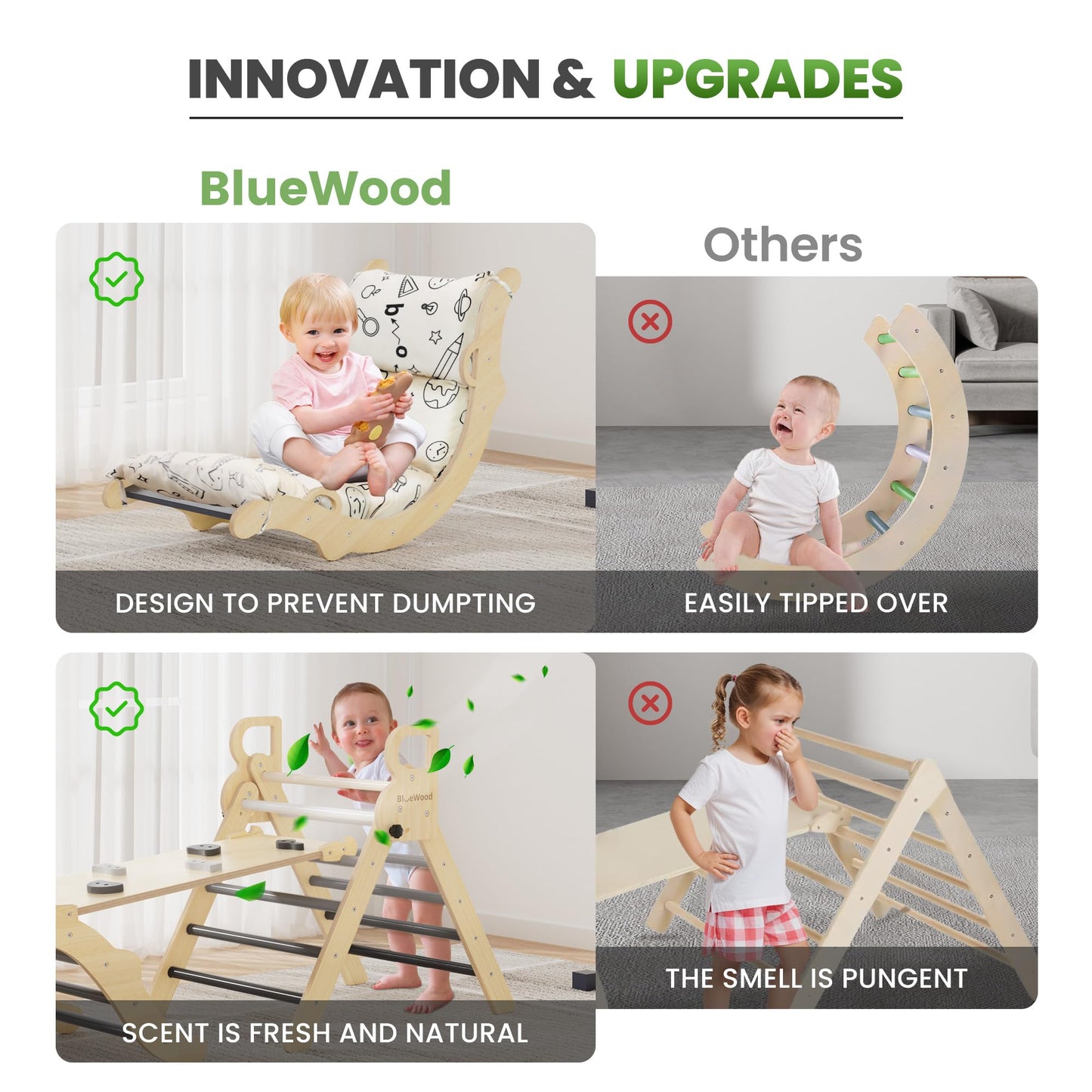BlueWood Pikler Triangle Set with Cushion – 8-in-1 Montessori Climbing Toy for Toddlers (Elegant Gray)