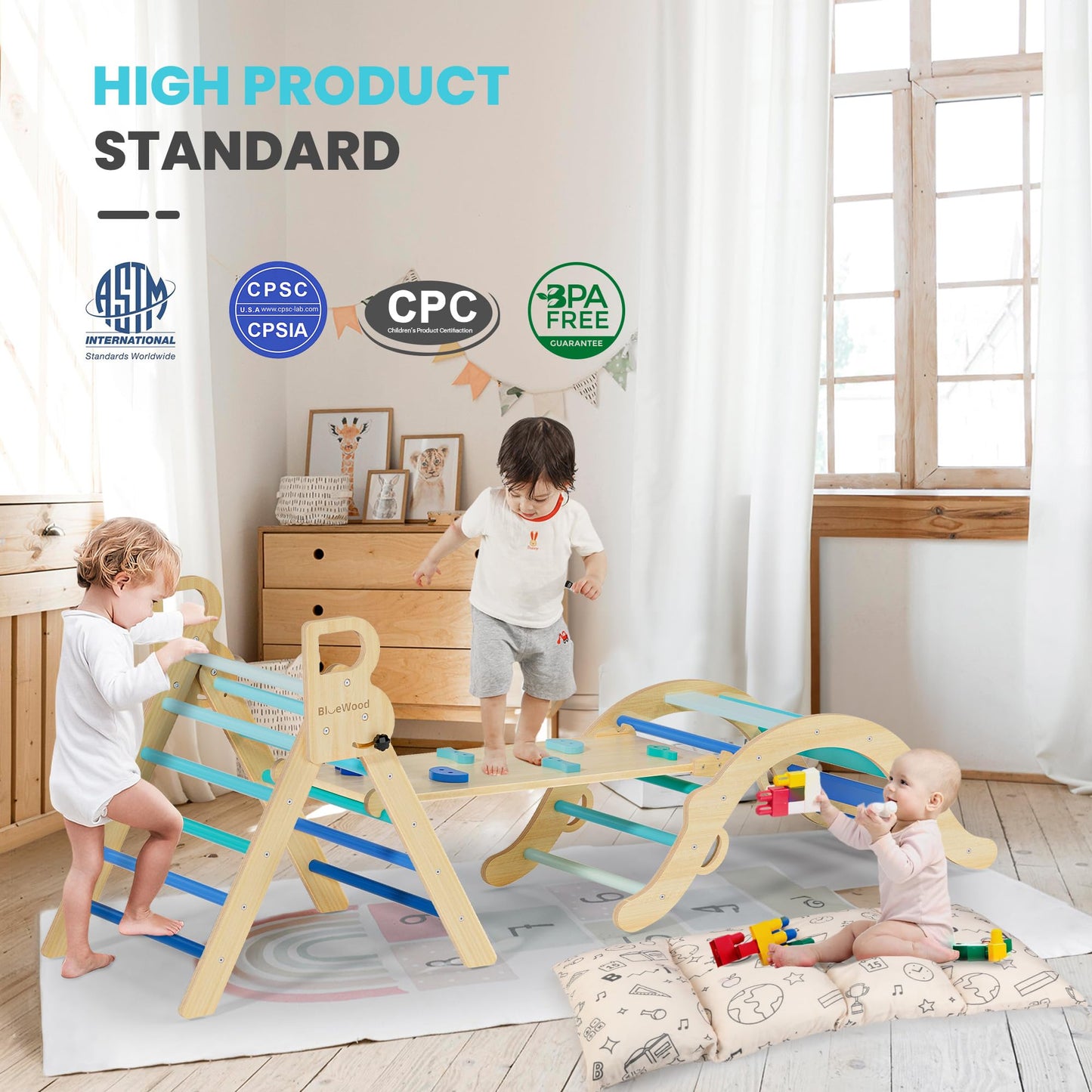 BlueWood Pikler Triangle Set with Cushion – 8-in-1 Montessori Climber