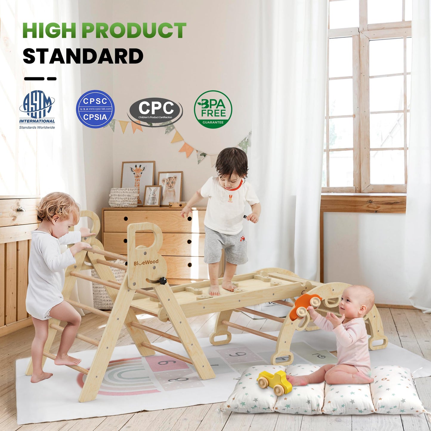 BlueWood Pikler Triangle Set with Cushion – 9-in-1 Montessori Climbing Toy for Toddlers