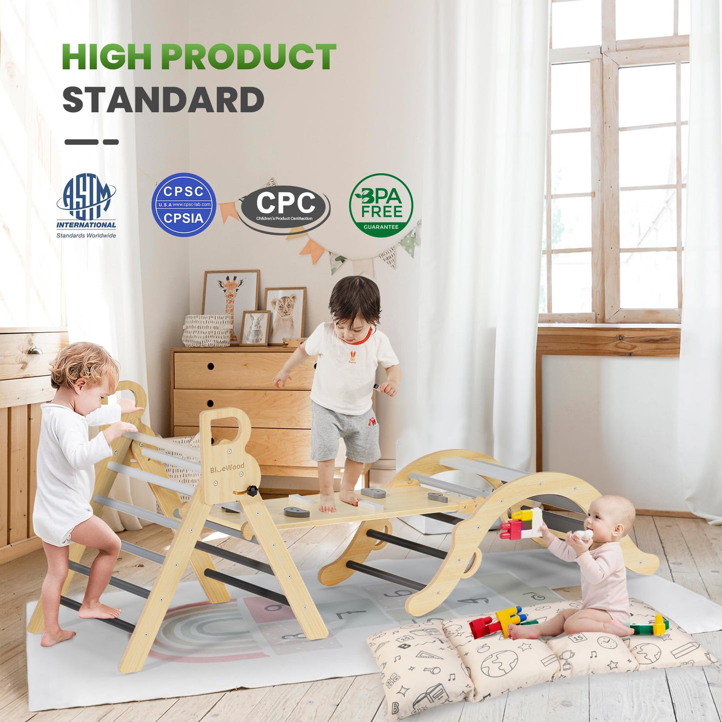BlueWood Pikler Triangle Set with Cushion – 8-in-1 Montessori Climbing Toy for Toddlers (Elegant Gray)