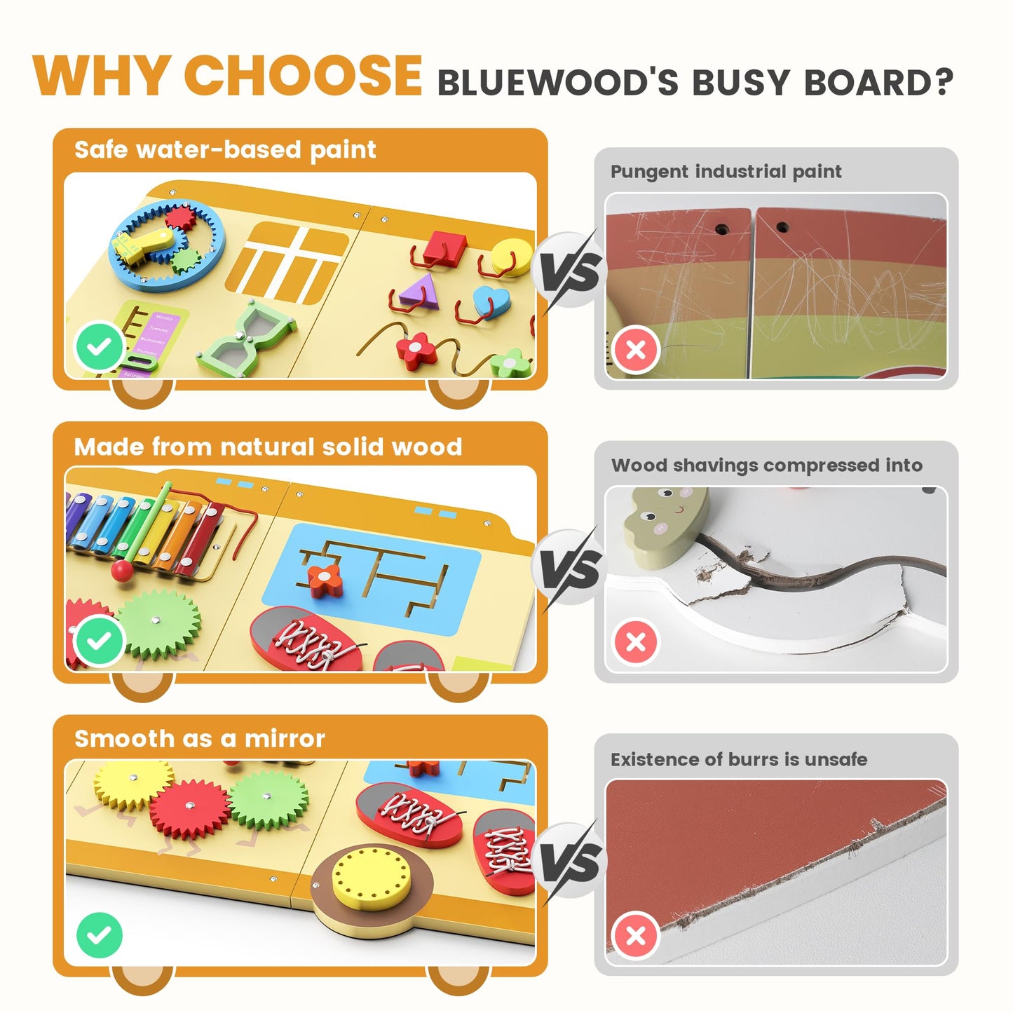 BlueWood Wooden Wall Busy Board Panels – Toddler Learning Center, Montessori Sensory Toy (School Bus)
