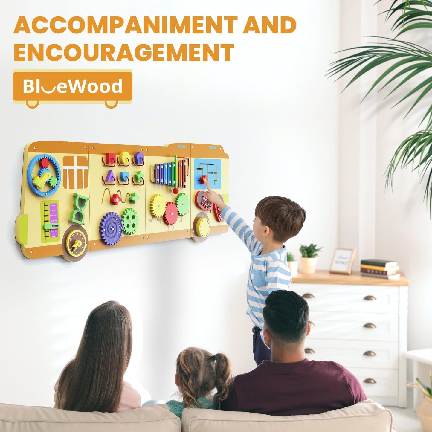 BlueWood Wooden Wall Busy Board Panels – Toddler Learning Center, Montessori Sensory Toy (School Bus)