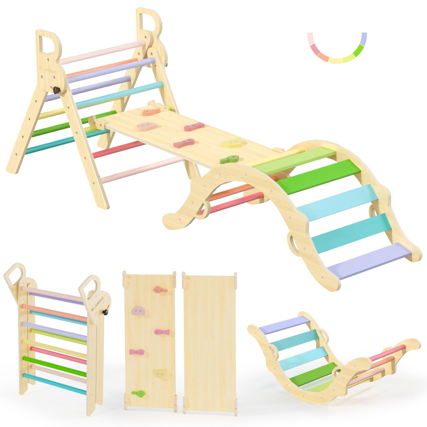 BlueWood Pikler Triangle Set – 7-in-1 Foldable Indoor Climber for Kids | Montessori Play Gym