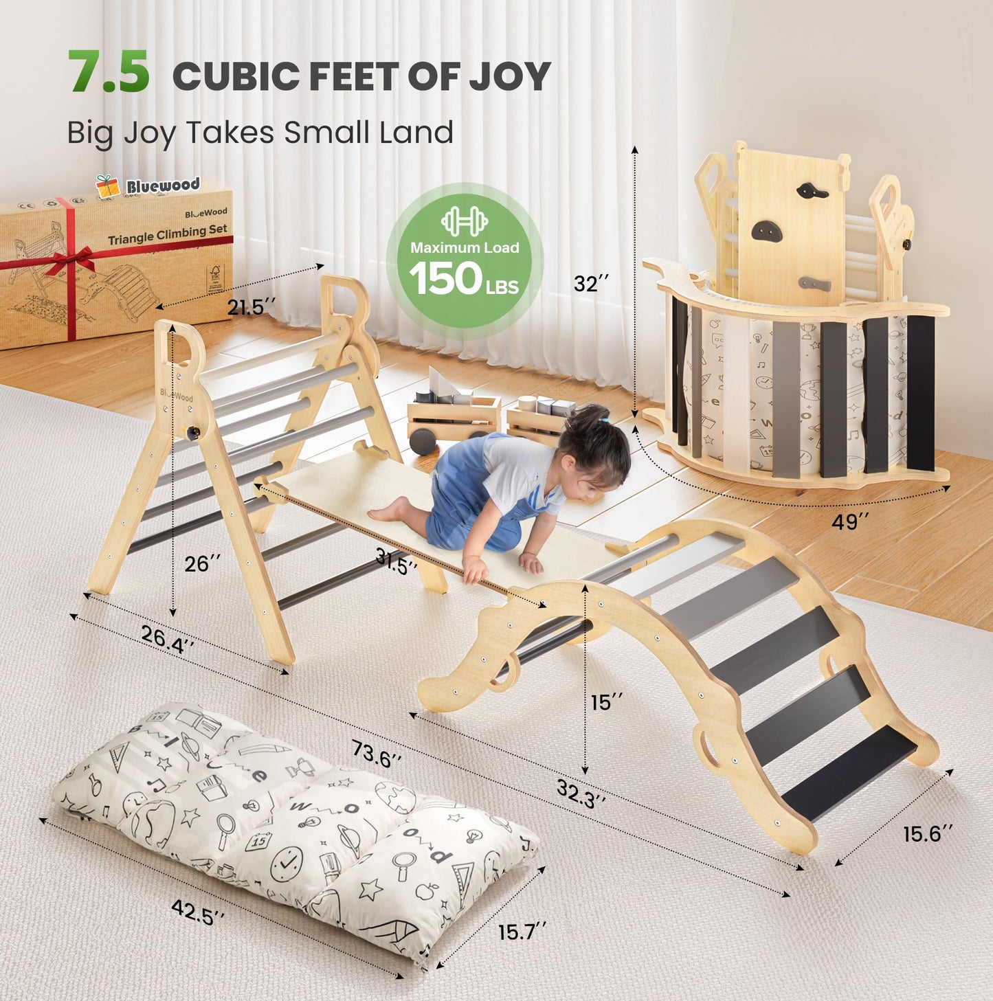 BlueWood Pikler Triangle Set with Cushion – 8-in-1 Montessori Climbing Toy for Toddlers (Elegant Gray)