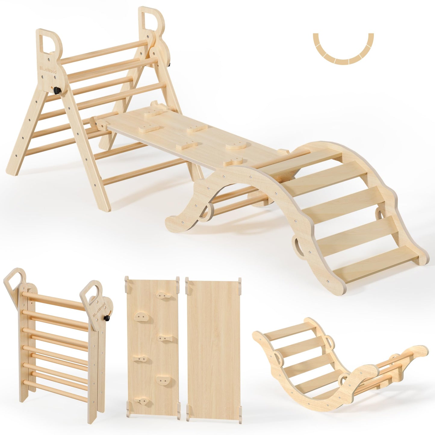 BlueWood Pikler Triangle Set – 7-in-1 Indoor Climber for Toddlers | Montessori Play Jungle Gym (Natural)