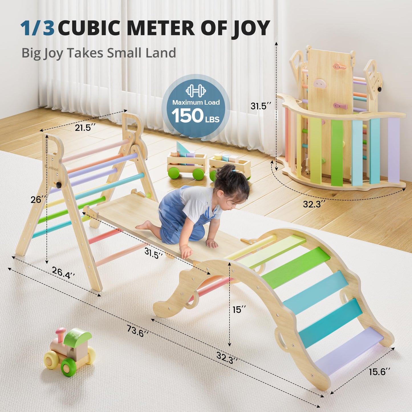 BlueWood Pikler Triangle Set – 7-in-1 Foldable Indoor Climber for Kids | Montessori Play Gym