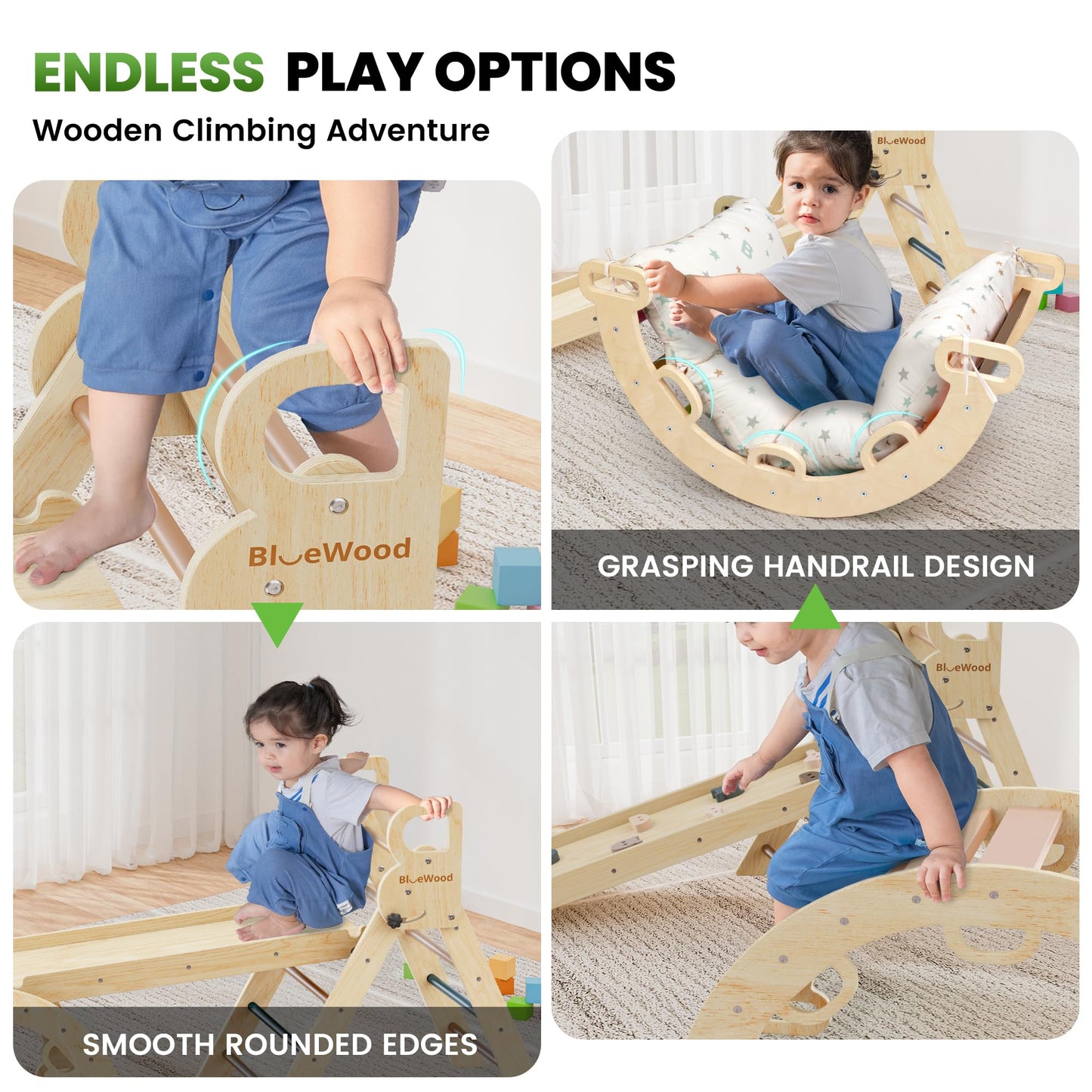 BlueWood Pikler Triangle Set with Cushion – 9-in-1 Montessori Climbing Toy for Toddlers (Pink)
