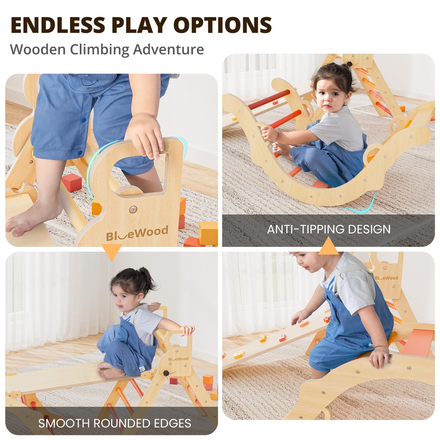 BlueWood Pikler Triangle Set – 7-in-1 Foldable Montessori Climber for Kids