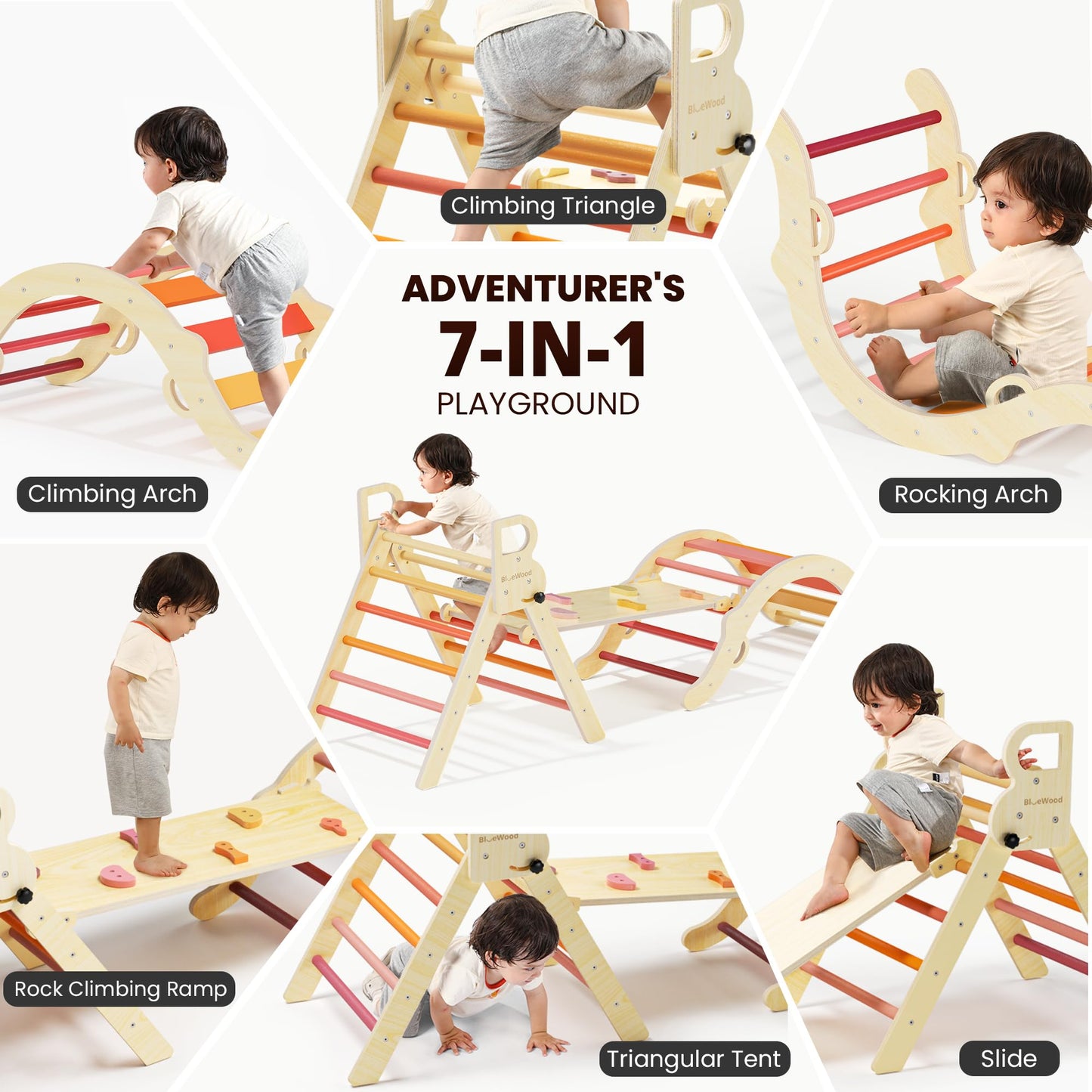 BlueWood Pikler Triangle Set – 7-in-1 Foldable Montessori Climber for Kids