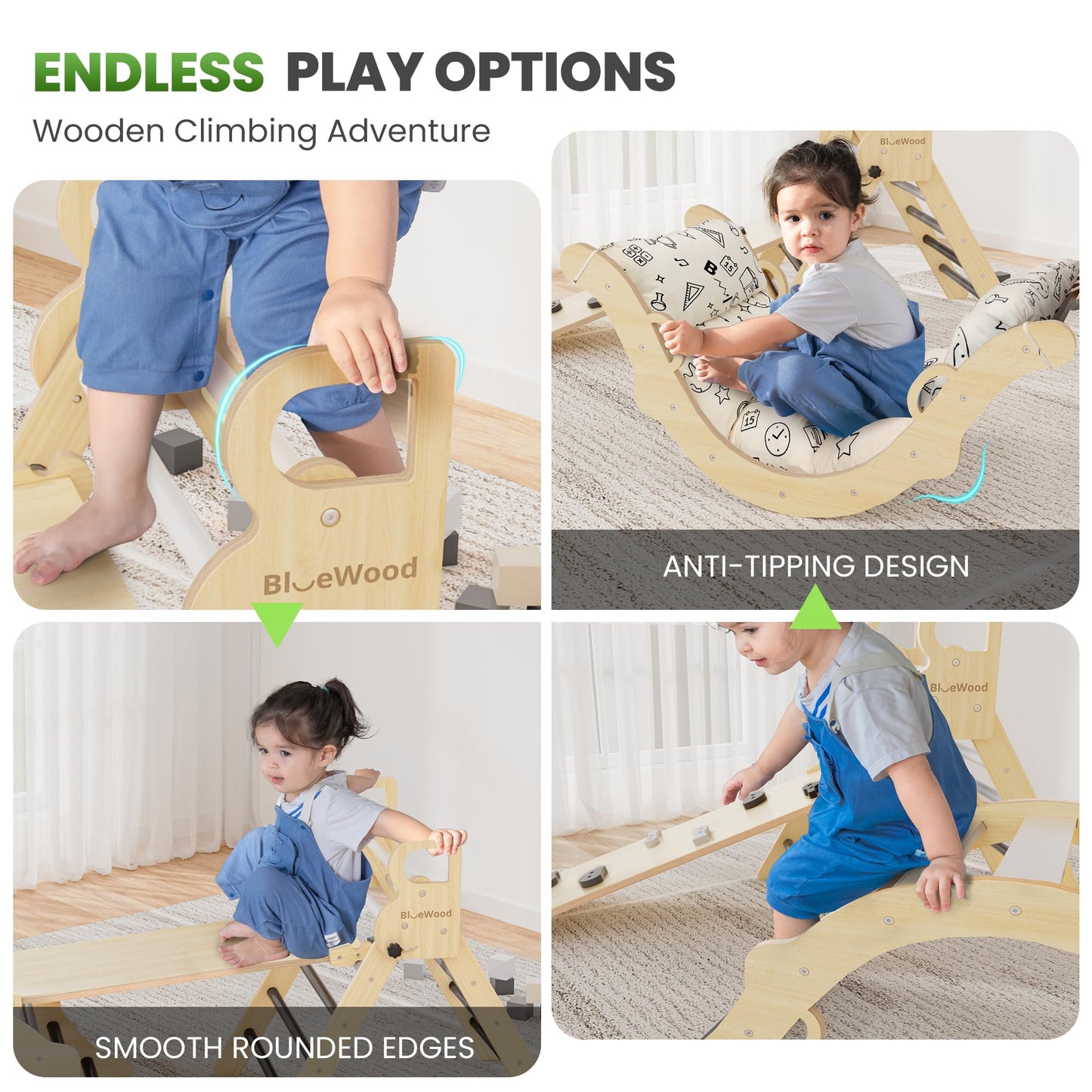 BlueWood Pikler Triangle Set with Cushion – 8-in-1 Montessori Climbing Toy for Toddlers (Elegant Gray)