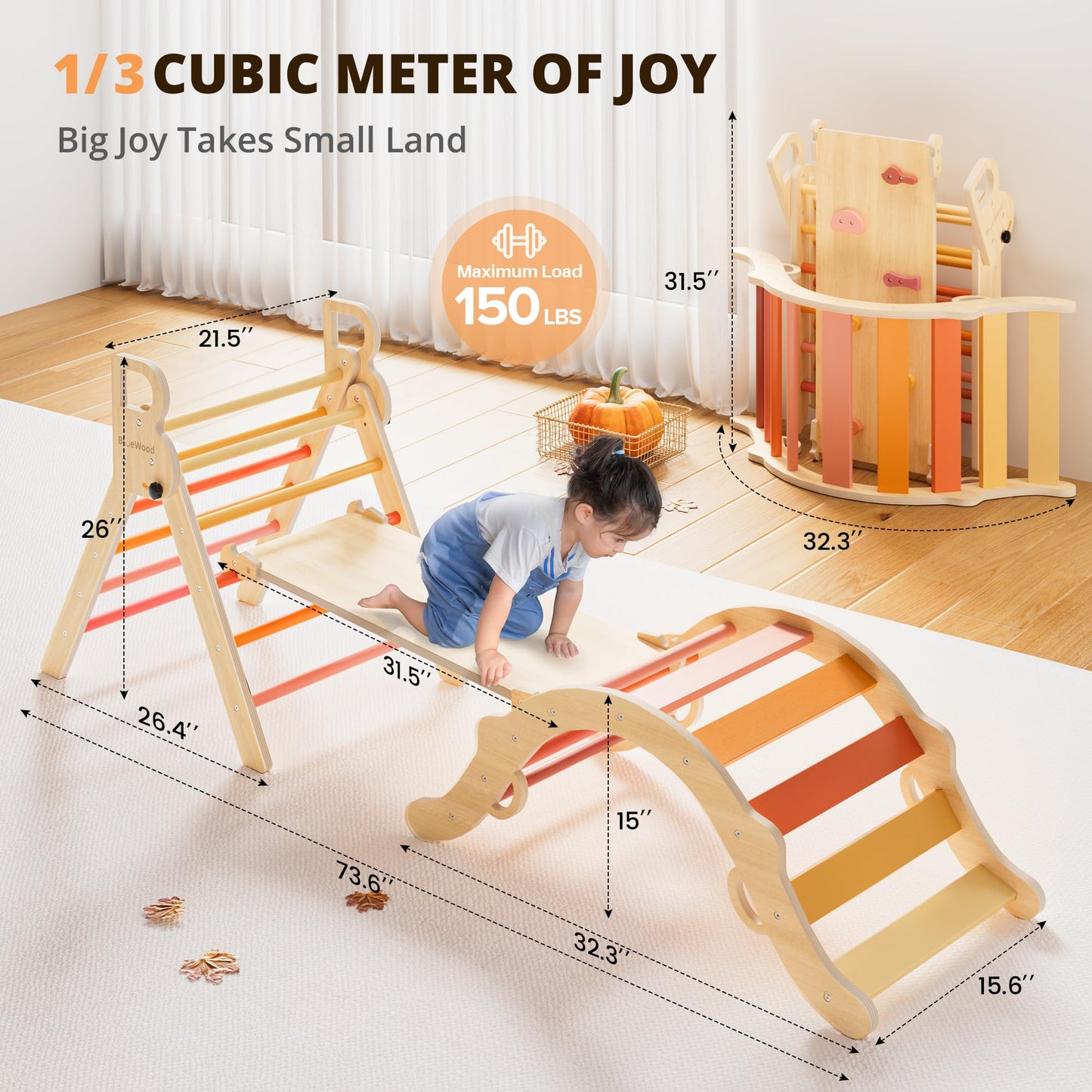 BlueWood Pikler Triangle Set – 7-in-1 Foldable Montessori Climber for Kids