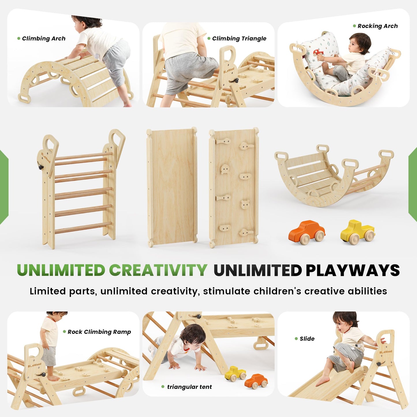 BlueWood Pikler Triangle Set with Cushion – 9-in-1 Montessori Climbing Toy for Toddlers