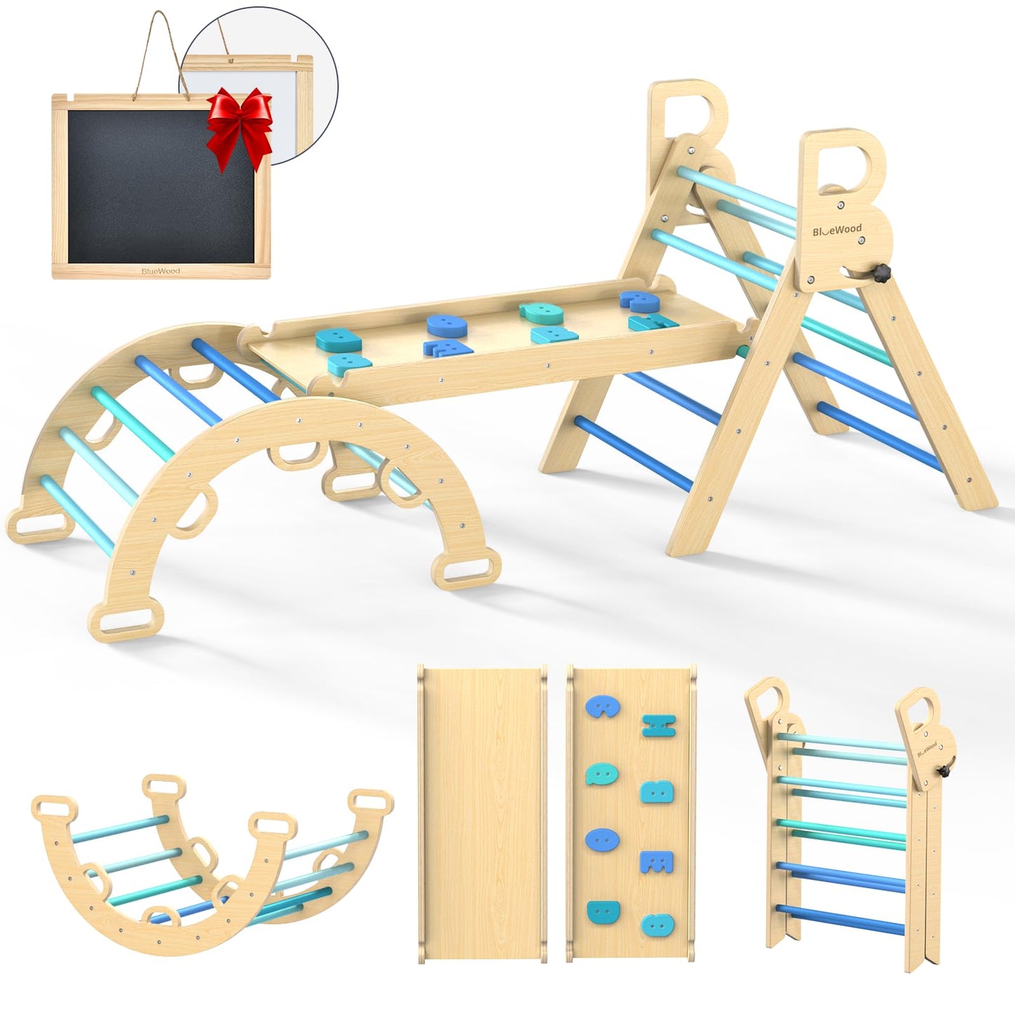 BlueWood Pikler Triangle Set – 7-in-1 Foldable Wooden Climber for Indoor Play (Sky Blue)