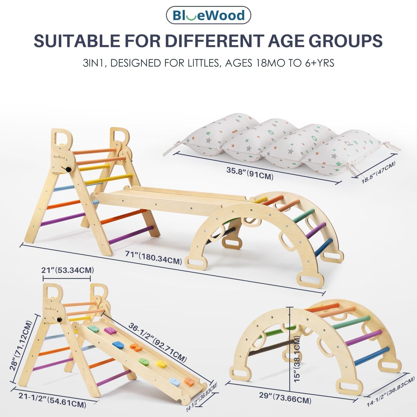 BlueWood Pikler Triangle Set with Cushion | 8-in-1 Foldable Indoor Climber for 2-6 Years – Rainbow
