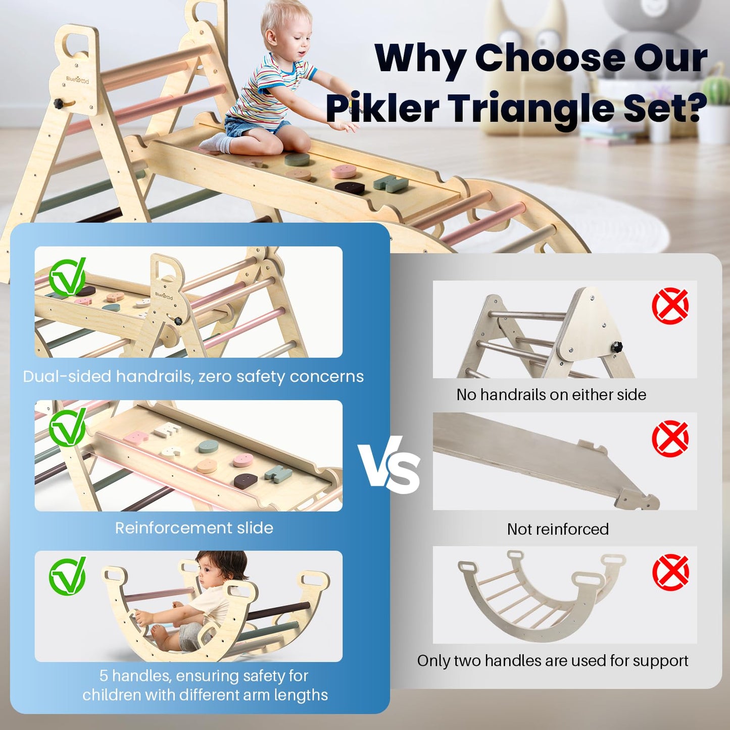 BlueWood Pikler Triangle Set – 7-in-1 Foldable Wooden Climber for 2-6 Years (Mauve Pink)