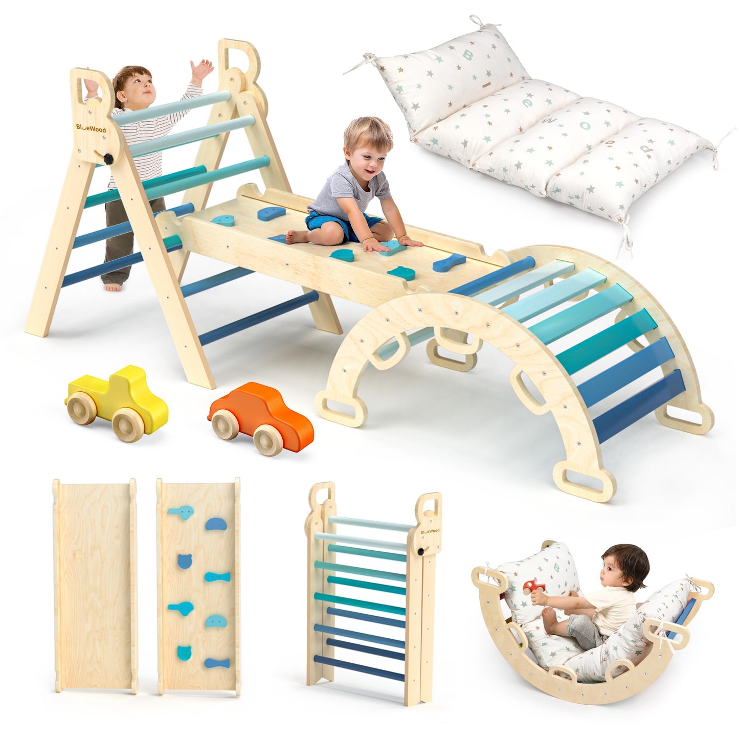 BlueWood Pikler Triangle Set with Cushion – 9-in-1 Montessori Climbing Toy for Toddlers (Blue)