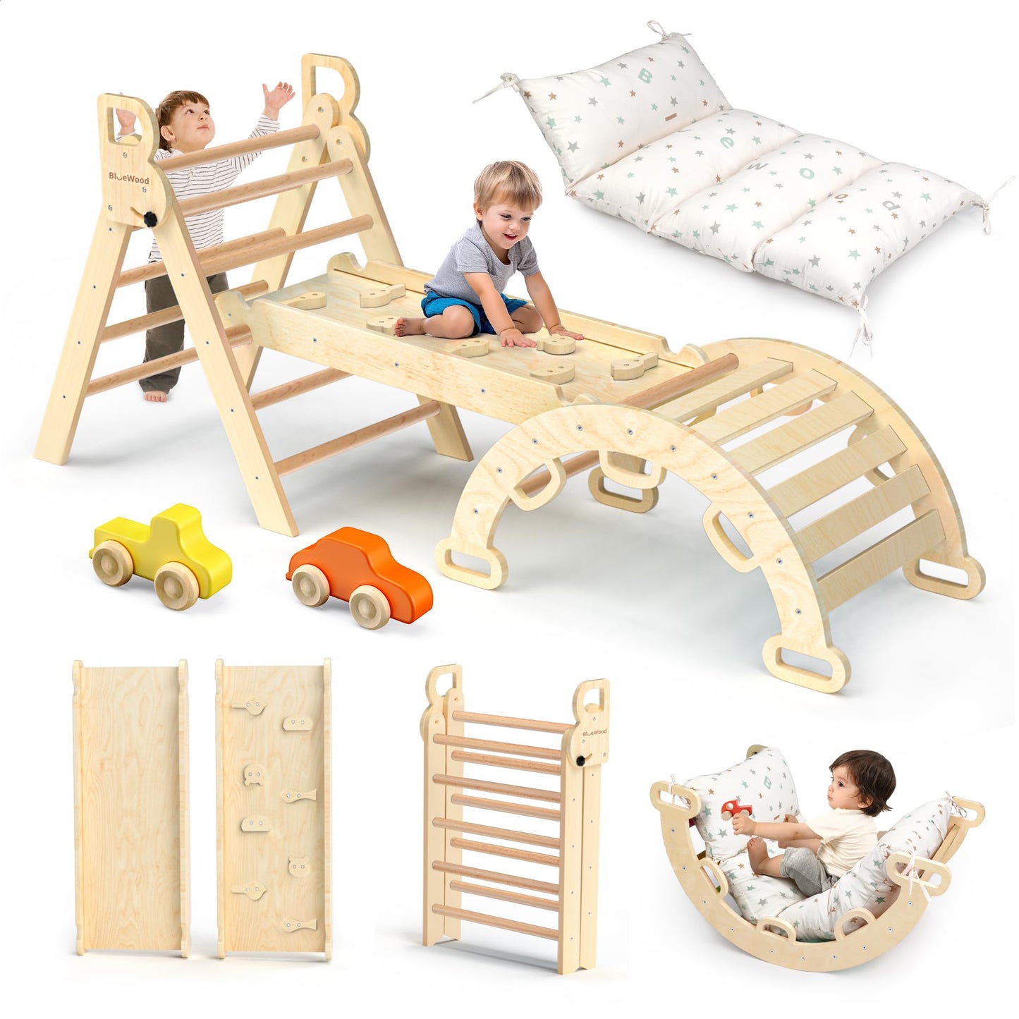 BlueWood Pikler Triangle Set with Cushion – 9-in-1 Montessori Climbing Toy for Toddlers