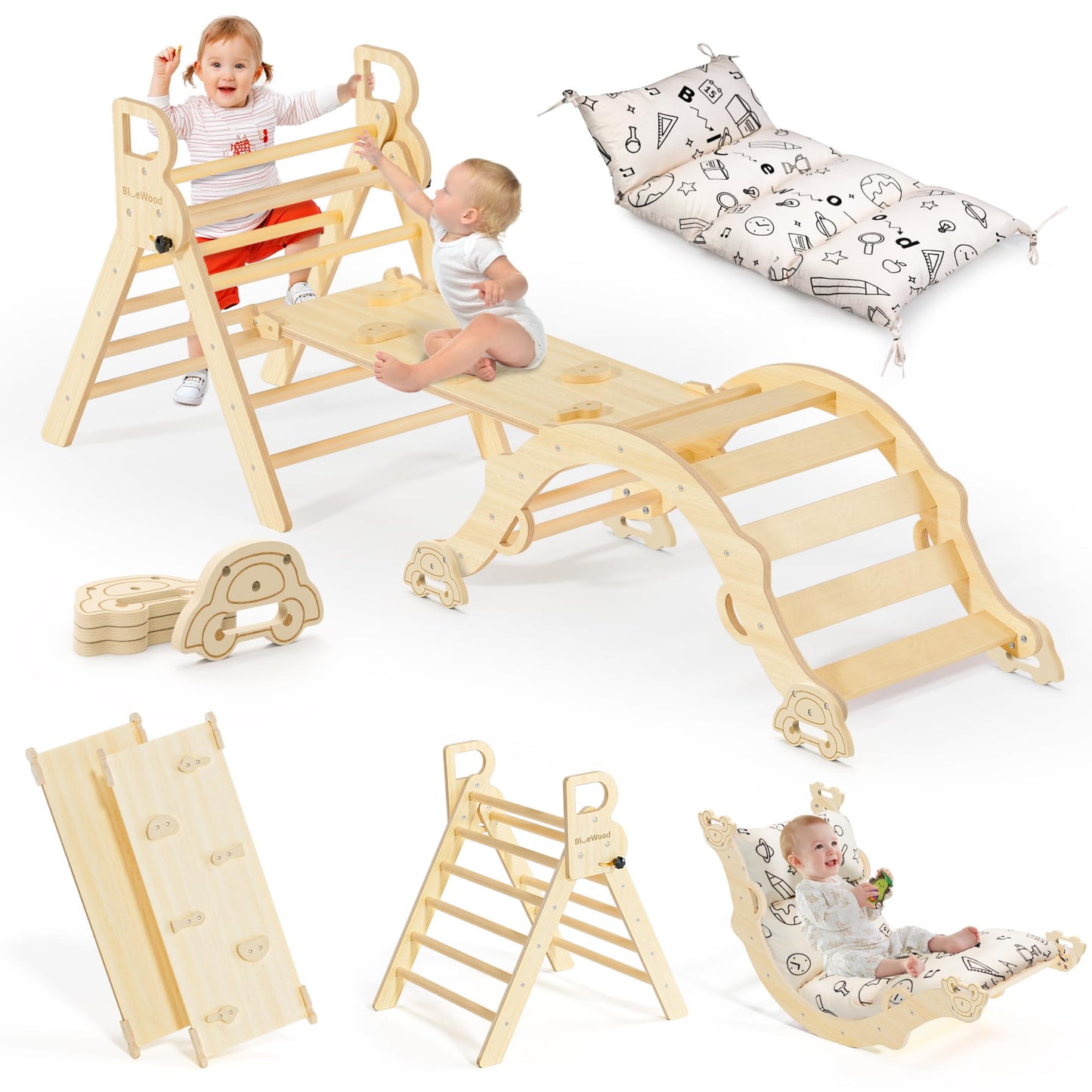 BlueWood Pikler Triangle Set with Cushion — 8-in-1 Montessori Climbing Toy for Toddlers (Natural Wood)