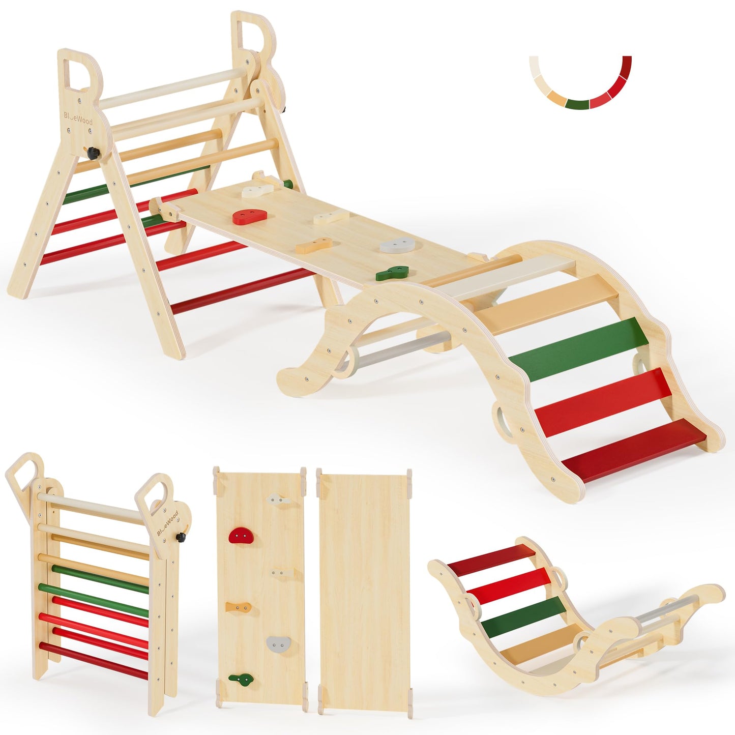 BlueWood Pikler Triangle Set – 7-in-1 Foldable Montessori Climber for Kids | Indoor Wooden Climber