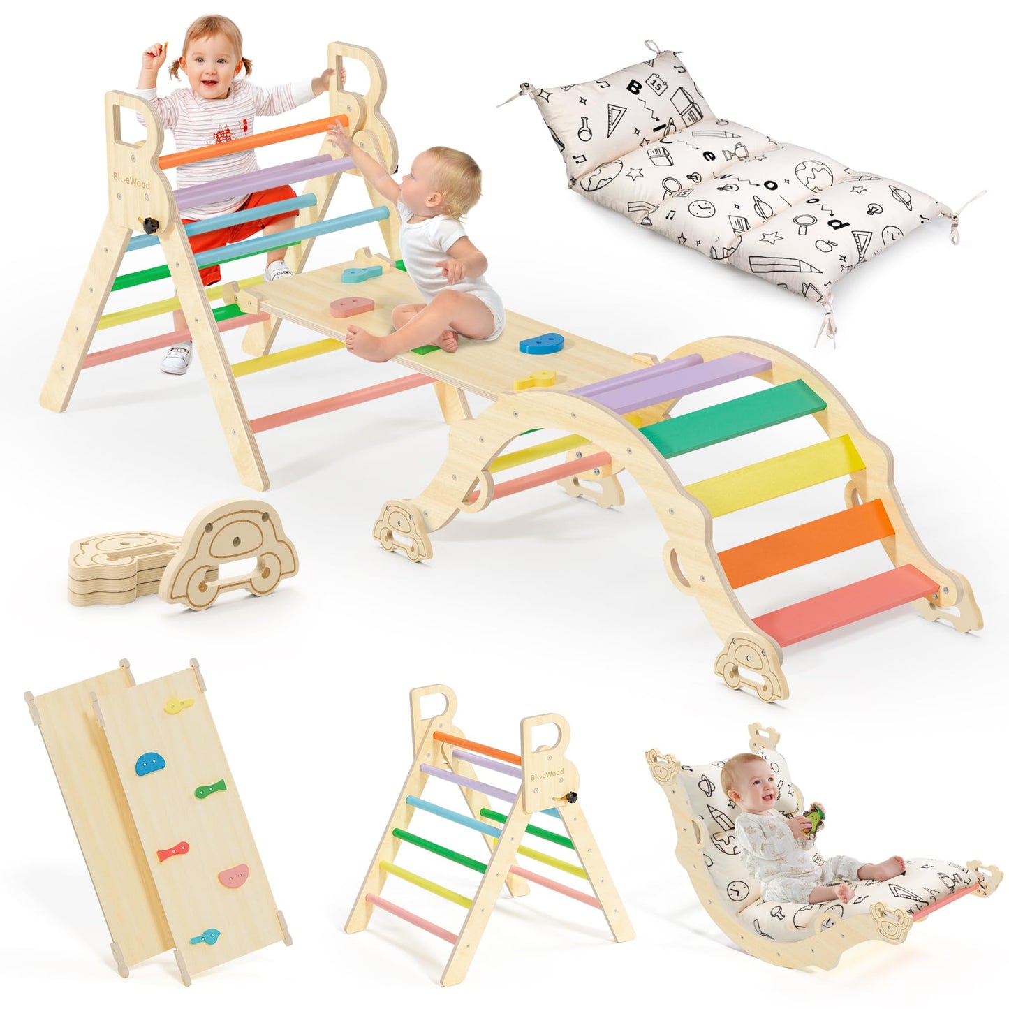 BlueWood Pikler Triangle Set with Cushion – 8-in-1 Montessori Climbing Toy for Toddlers (Sunshine Rainbow)