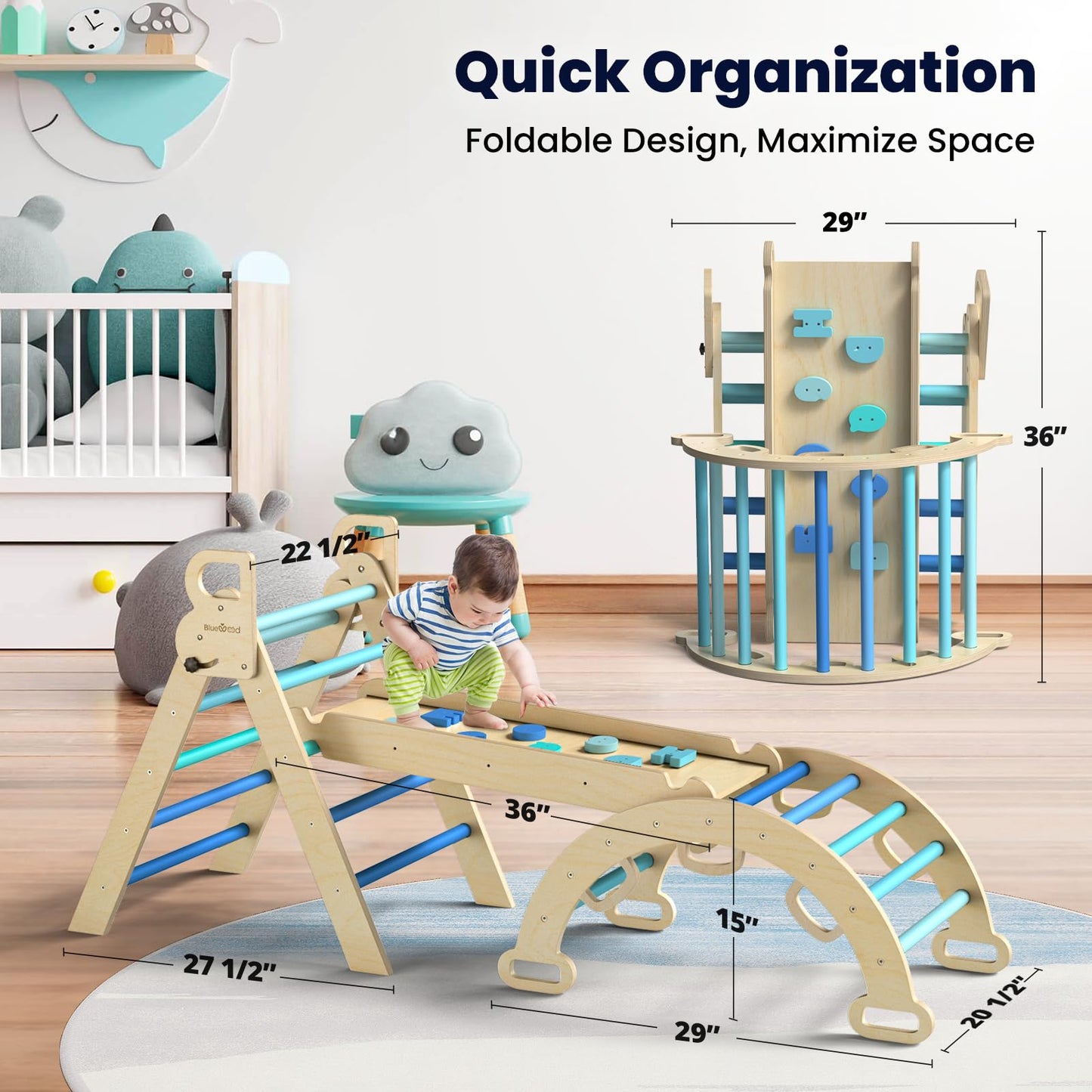 BlueWood Pikler Triangle Set – 7-in-1 Foldable Wooden Climber for Indoor Play (Sky Blue)