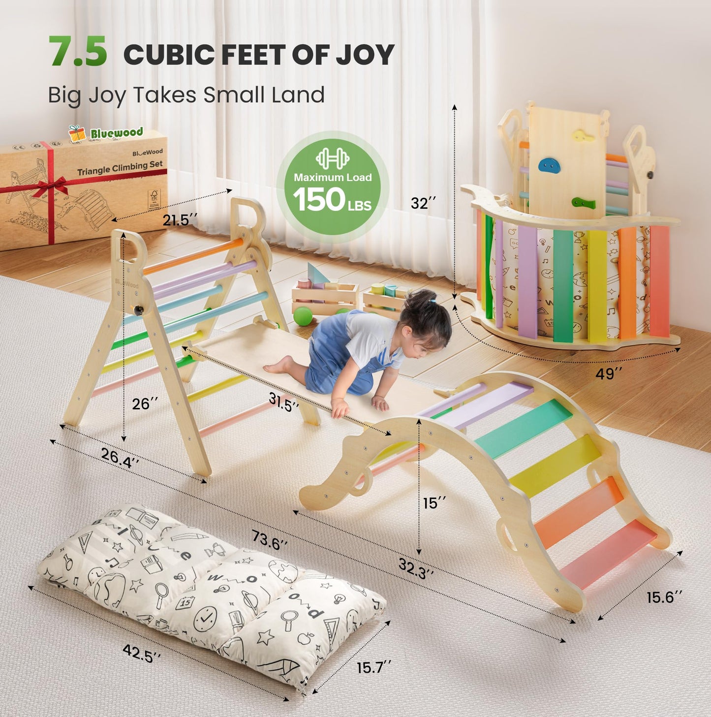 BlueWood Pikler Triangle Set with Cushion – 8-in-1 Montessori Climbing Toy for Toddlers (Sunshine Rainbow)