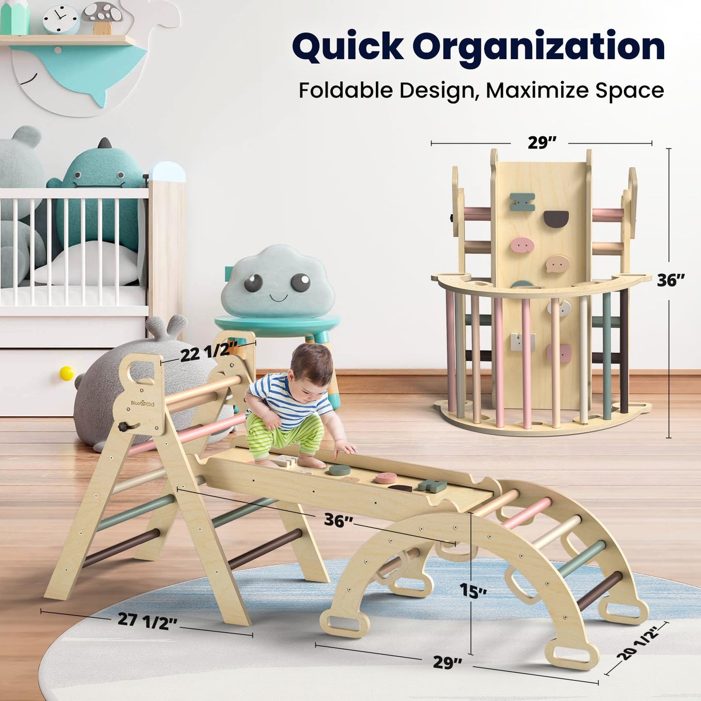 BlueWood Pikler Triangle Set – 7-in-1 Foldable Wooden Climber for 2-6 Years (Mauve Pink)