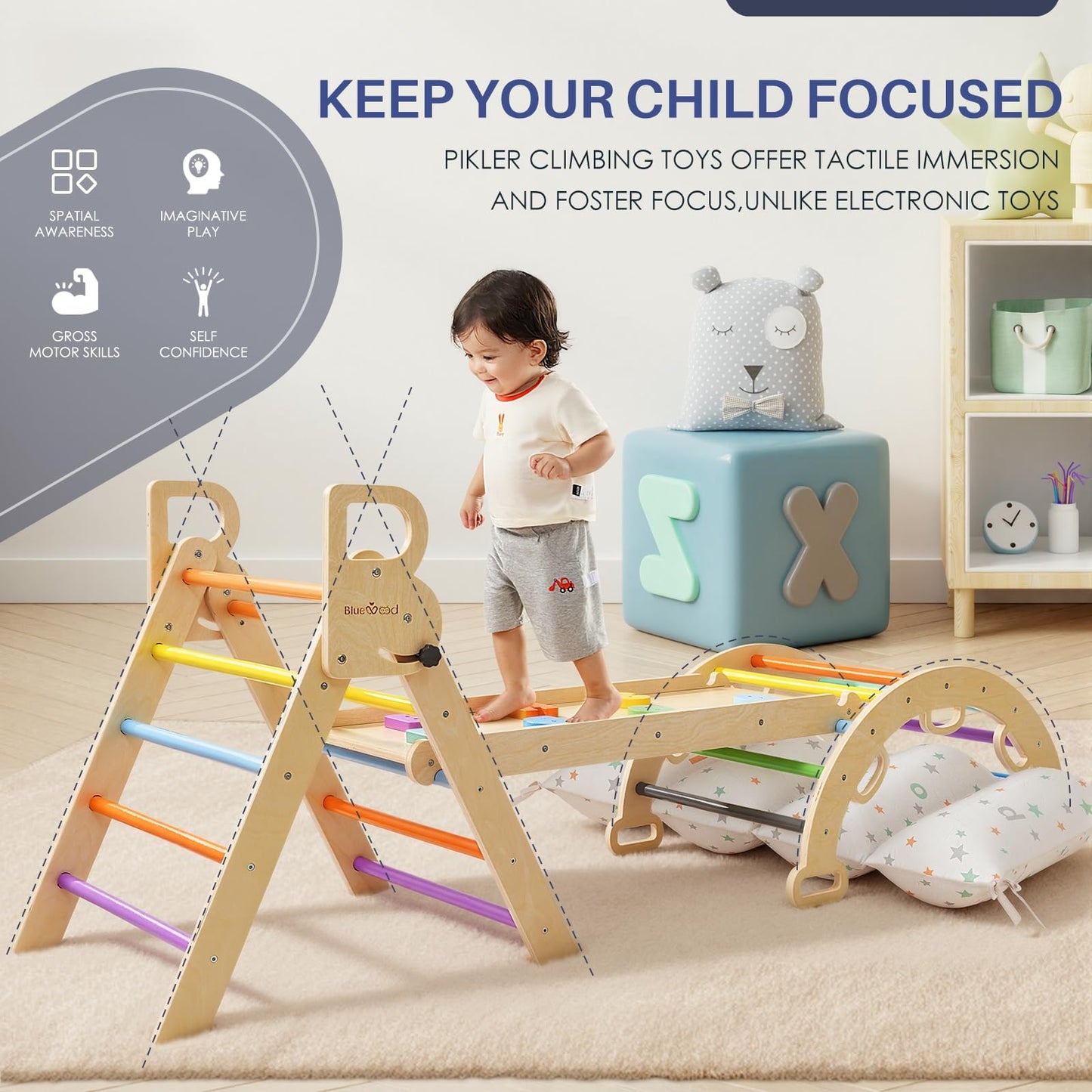 BlueWood Pikler Triangle Set with Cushion | 8-in-1 Foldable Indoor Climber for 2-6 Years – Rainbow