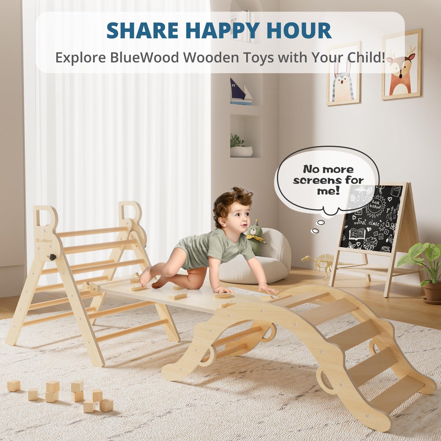 BlueWood Pikler Triangle Set – 7-in-1 Indoor Climber for Toddlers | Montessori Play Jungle Gym (Natural)