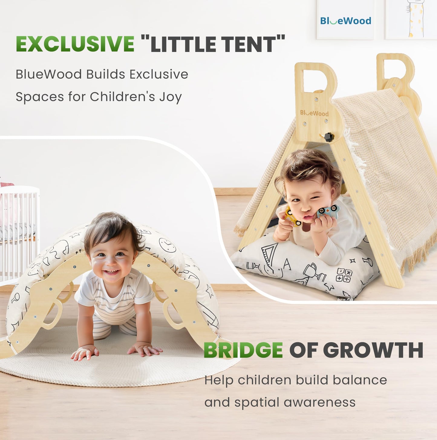 BlueWood Pikler Triangle Set with Cushion – 8-in-1 Montessori Climbing Toy for Toddlers (Elegant Gray)