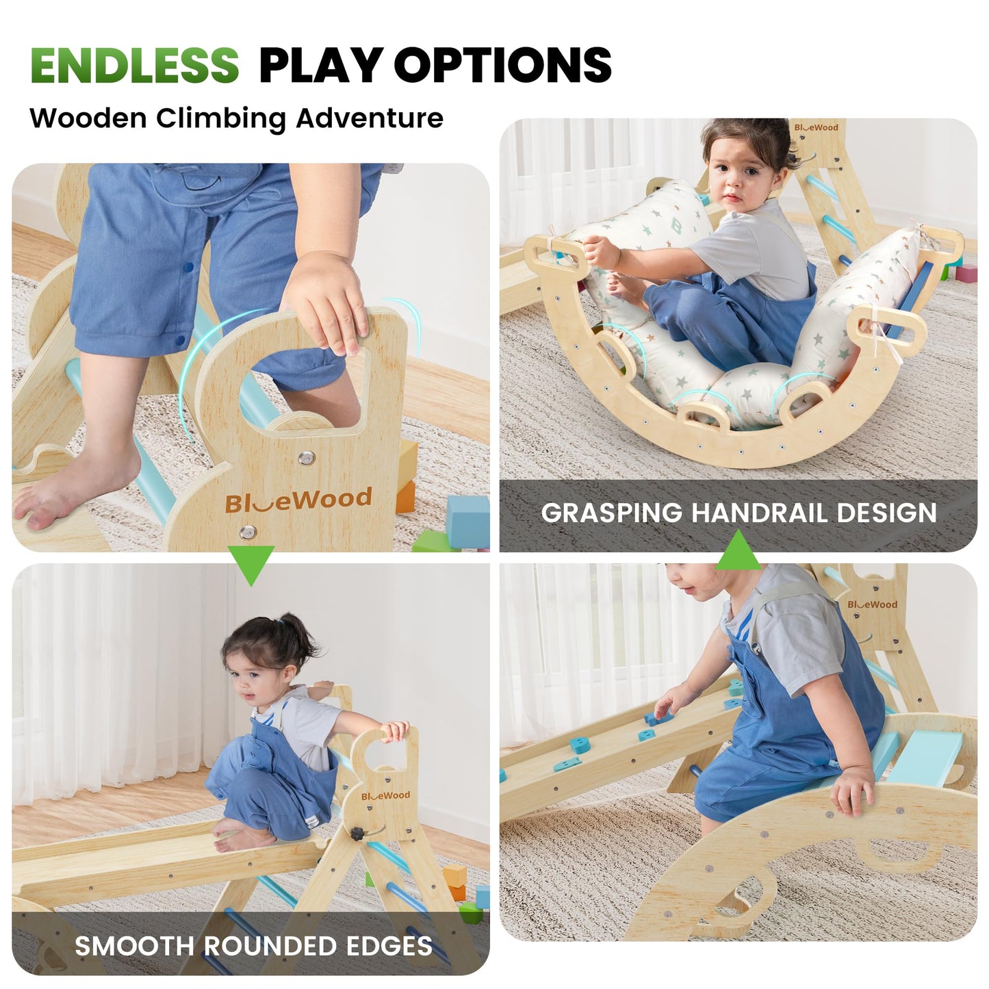 BlueWood Pikler Triangle Set with Cushion – 9-in-1 Montessori Climbing Toy for Toddlers (Blue)