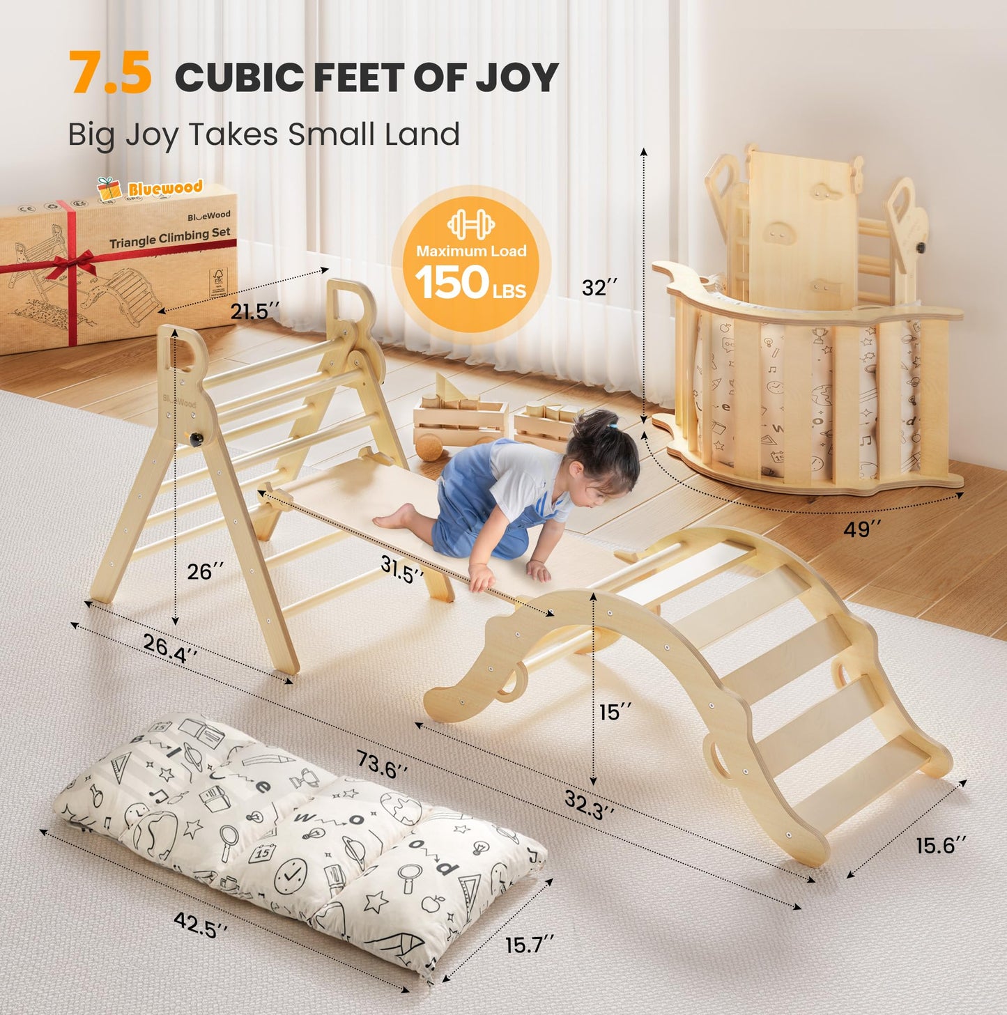 BlueWood Pikler Triangle Set with Cushion — 8-in-1 Montessori Climbing Toy for Toddlers (Natural Wood)