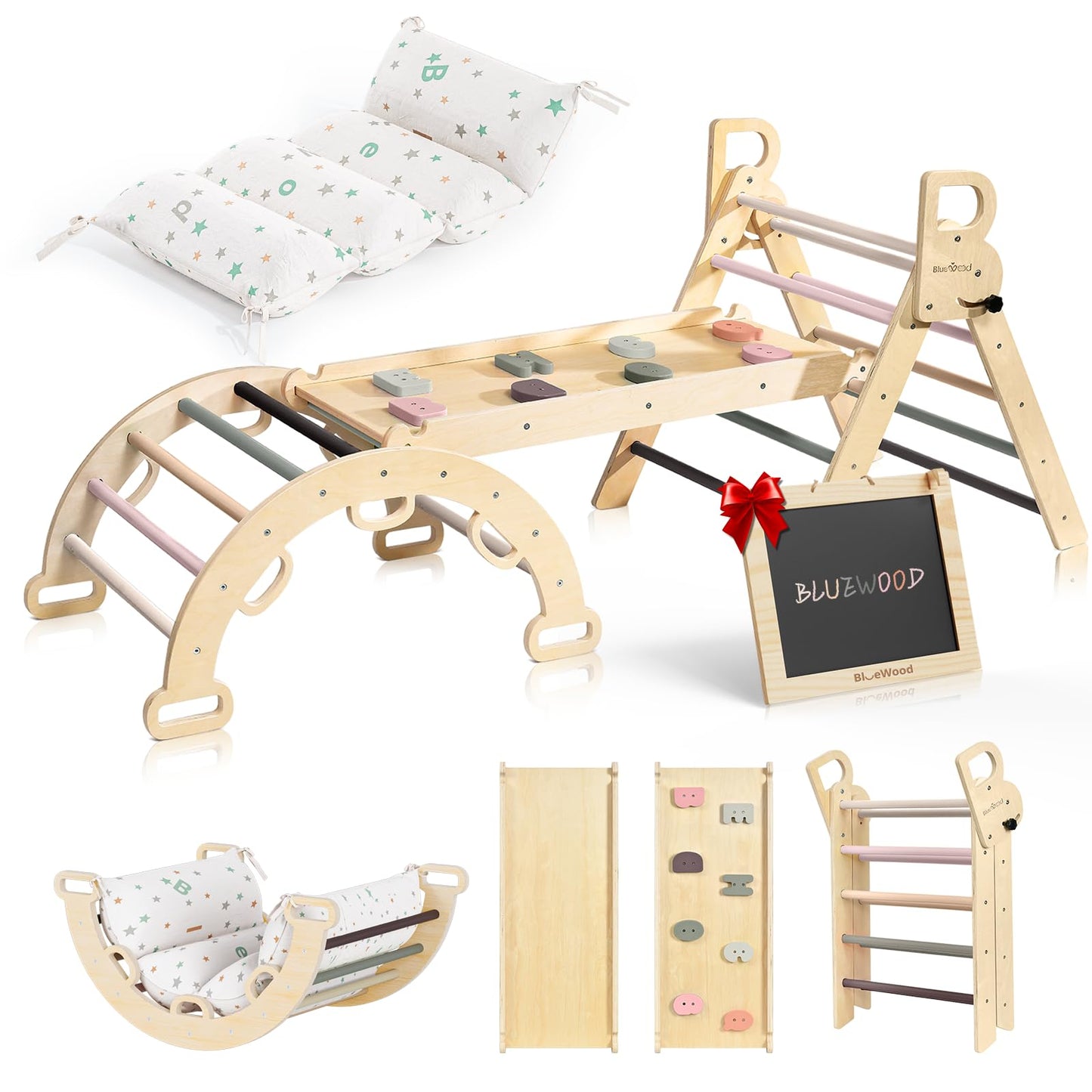 BlueWood Pikler Triangle Set with Cushion – 8-in-1 Foldable Montessori Climber (Mauve Pink)