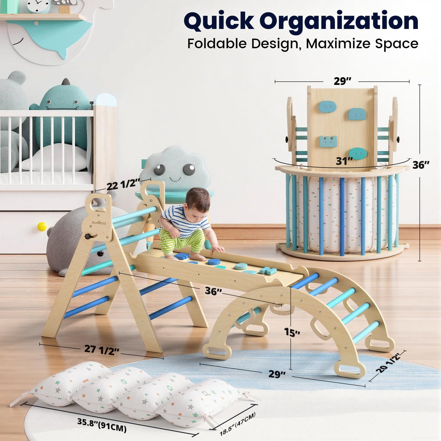 BlueWood Pikler Triangle Set with Cushion — 8-in-1 Foldable Montessori Climber for 2–6 Years